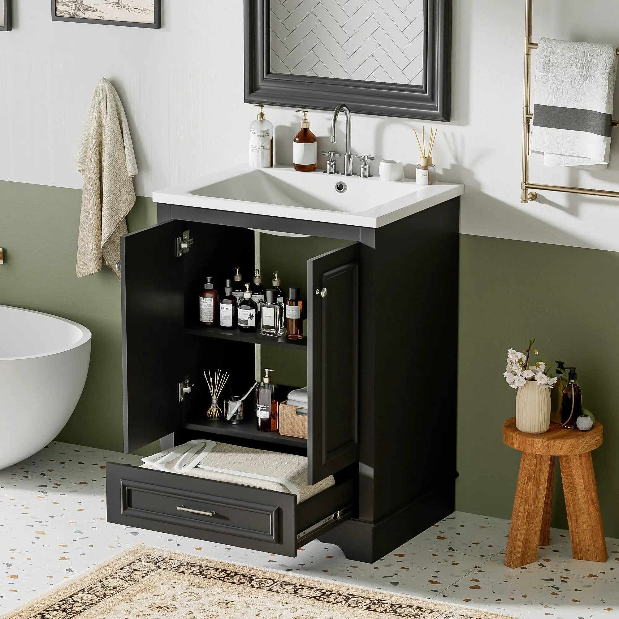 Bathroom Vanity With Ceramic Sink Combo, Modern Freestanding Storage Cabinet With Silver Handles by HouseOfZazla