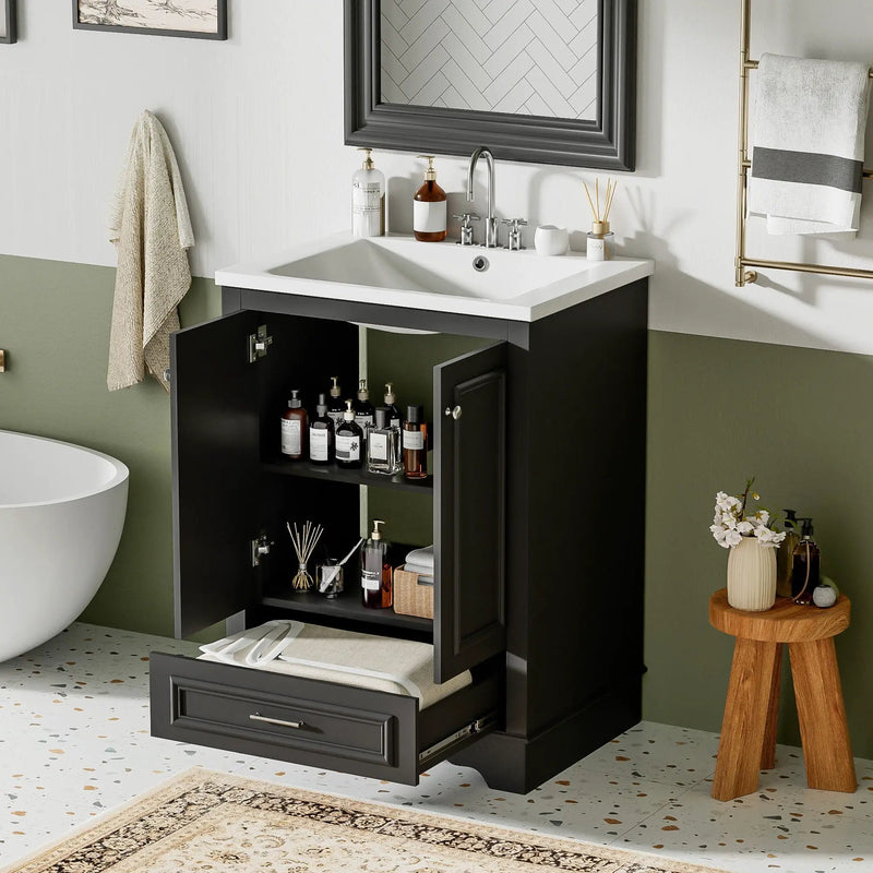 Bathroom Vanity With Ceramic Sink Combo, Modern Freestanding Storage Cabinet With Silver Handles by HouseOfZazla