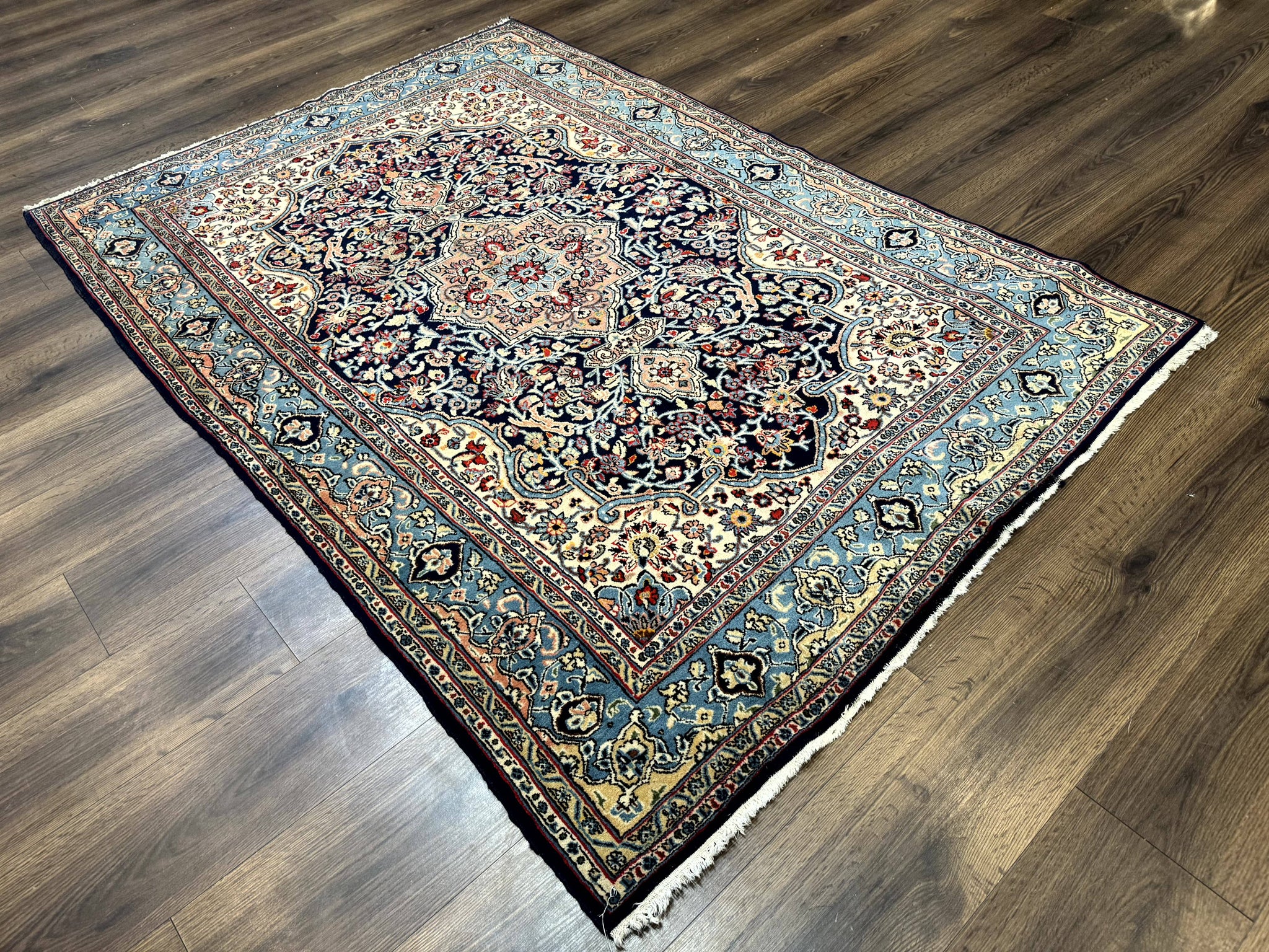 Persian Qum Rug 5x7 in Navy Light Blue and Ivory, Wool wilh Silk Highlights, 225 KPSI by Jewel Rugs