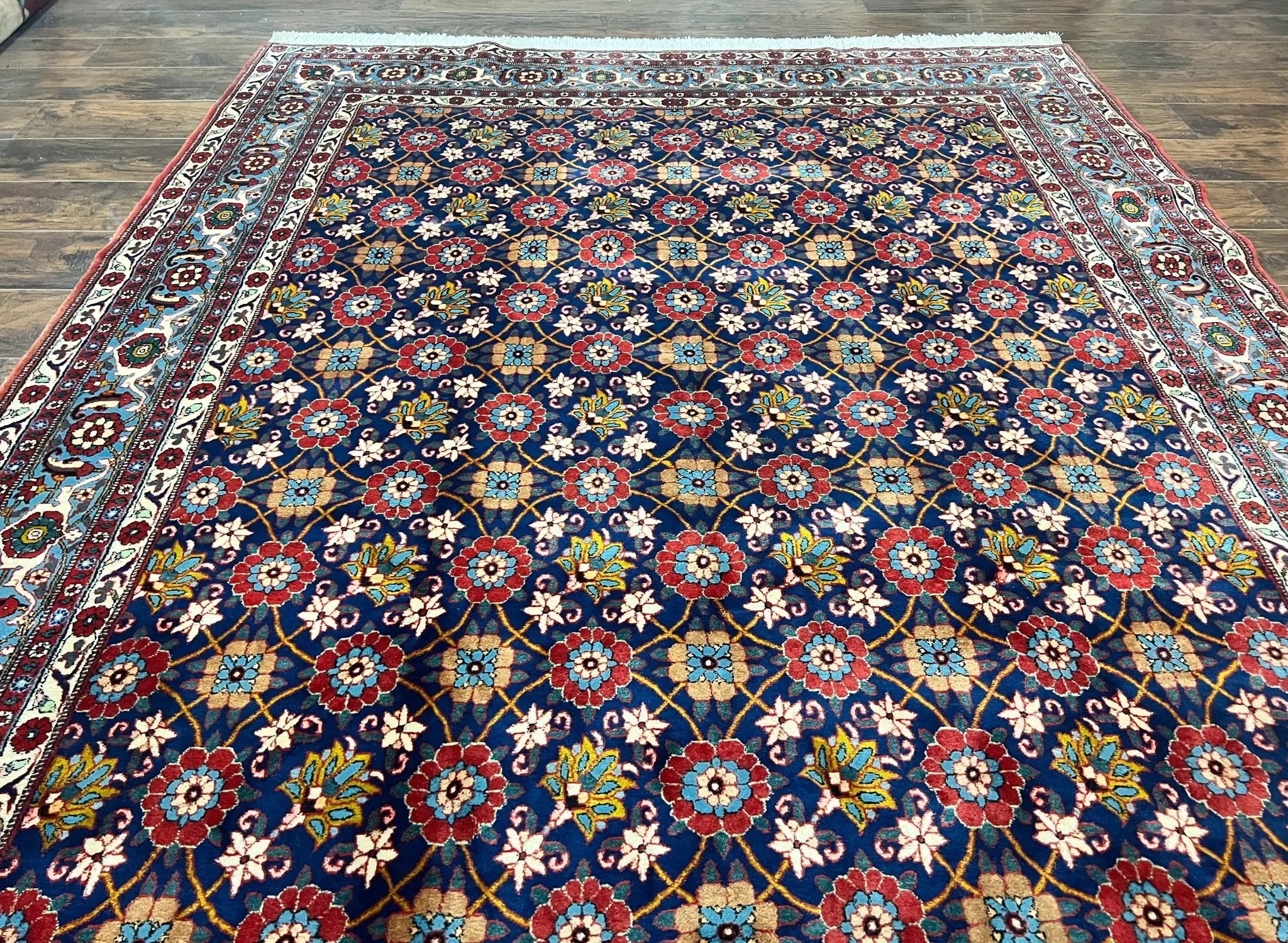 Persian Veramin Rug 7x11, Repeated Allover Pattern, Handmade Vintage Carpet, Navy Blue by Jewel Rugs