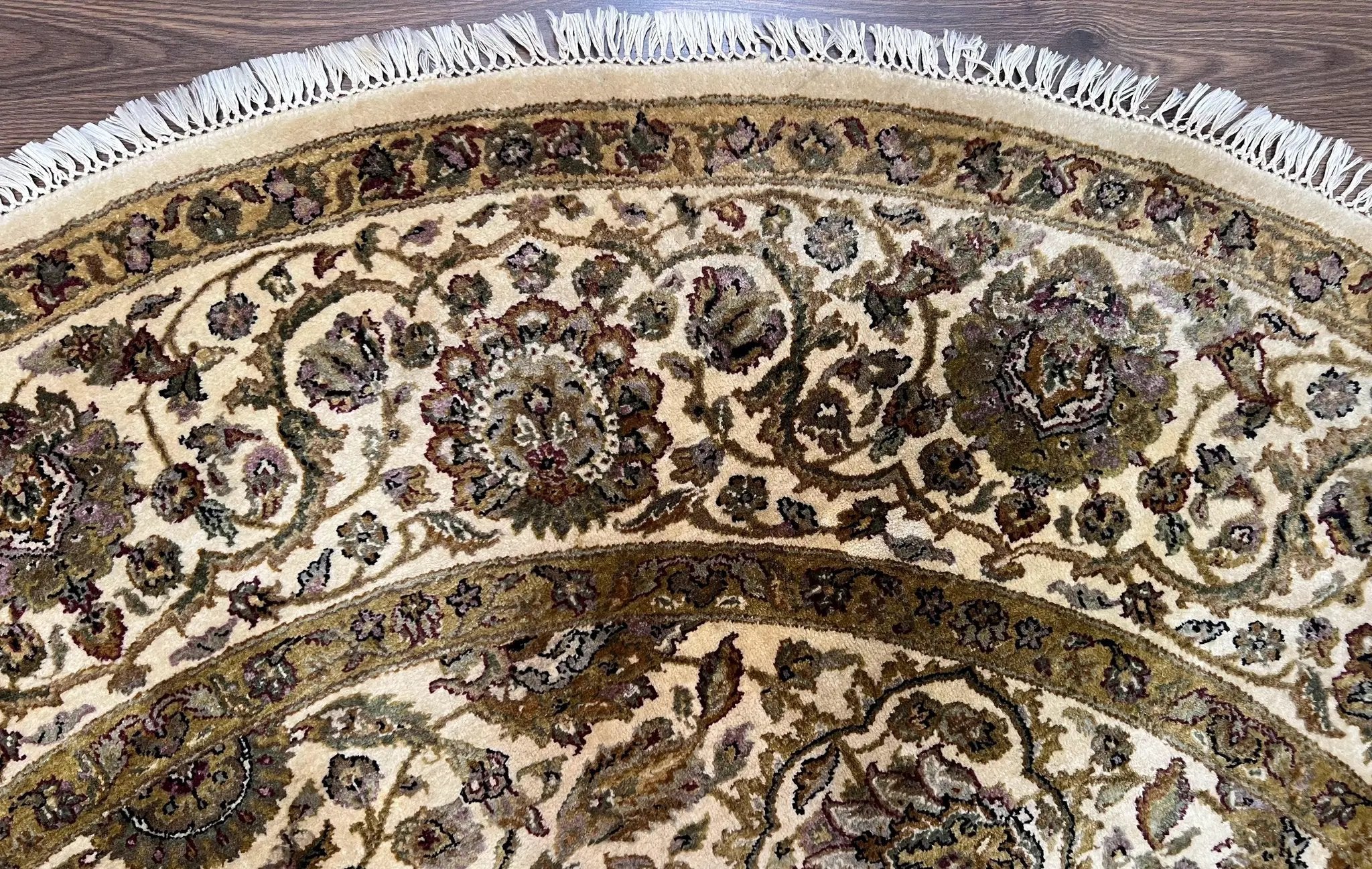 Round Indo Persian Rug 8x8 ft, Large Hand Knotted Vintage Wool Circular Carpet, 8ft Round Oriental Rug, Floral Medallion, Cream and Green by Jewel Rugs
