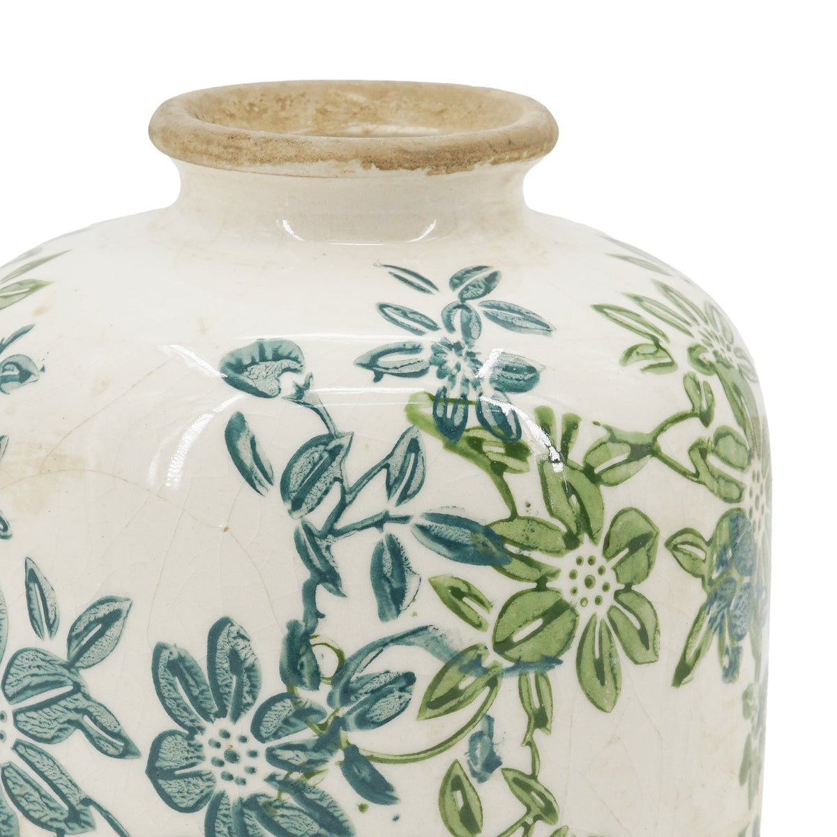 Set of 3 Floral Ceramic Vases with Crackled Ivory Finish - Green Floral Design, photo 5 of 8