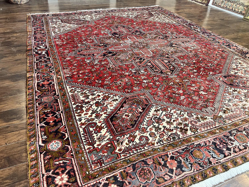 Large Persian Heriz Rug 10x13, Wool Hand Knotted Antique Carpet, Red and Ivory, Geometric Tribal Room Sized Rug, Decorative Oriental Rug by Jewel Rugs