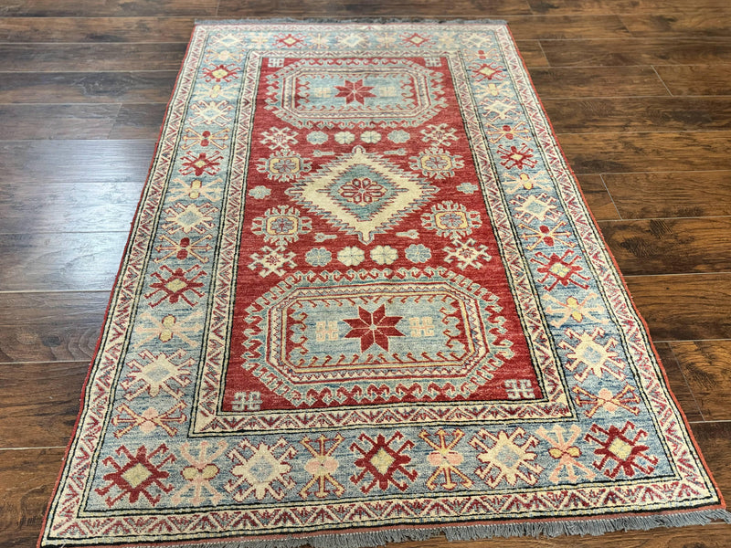 Turkish Kazak Rug 4x6, Handmade Vintage Wool Carpet, Geometric Design, Red and Light Blue by Jewel Rugs