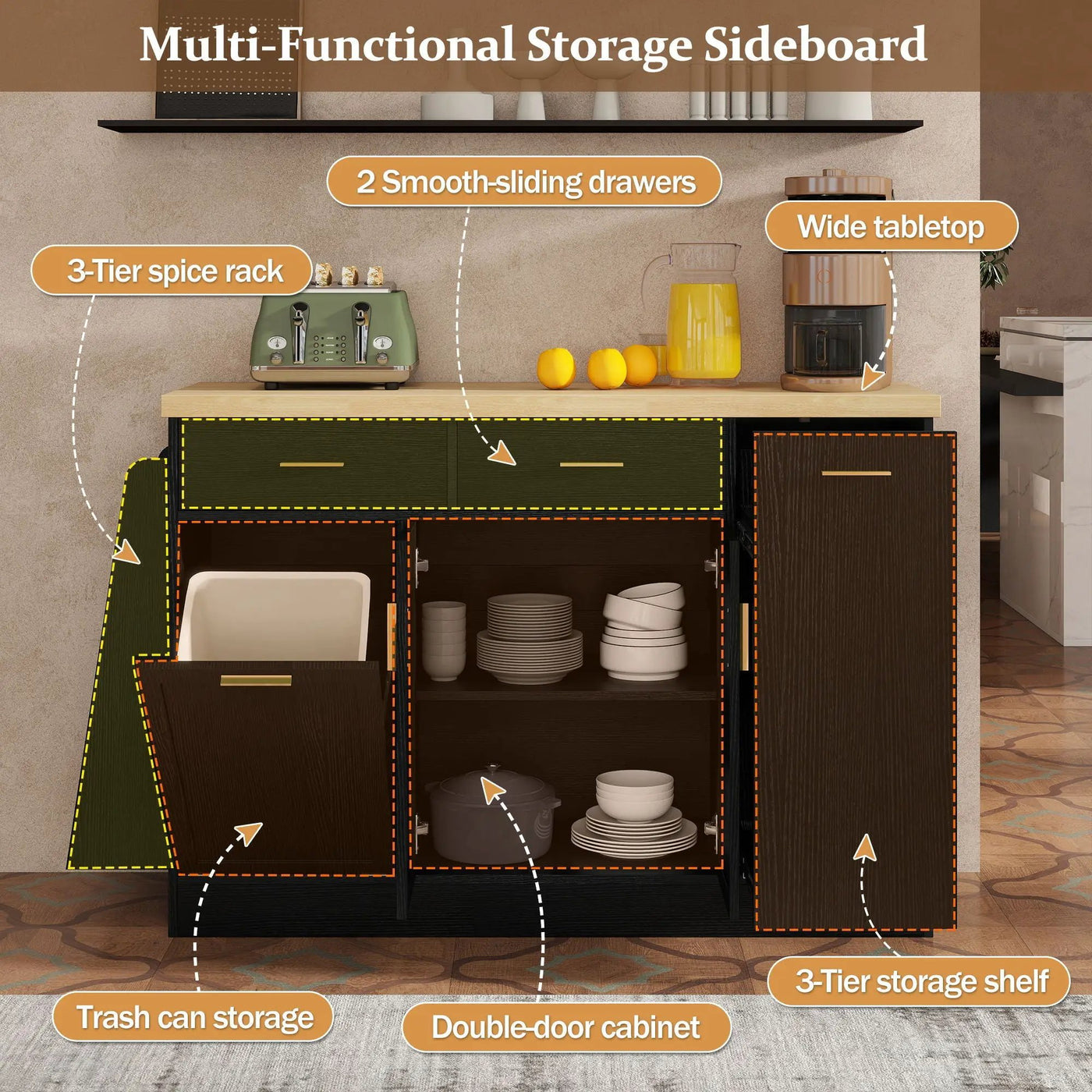 Kitchen Sideboard With Sliding Door Cabinet, 3 Tier Spice Rack by HouseOfZazla
