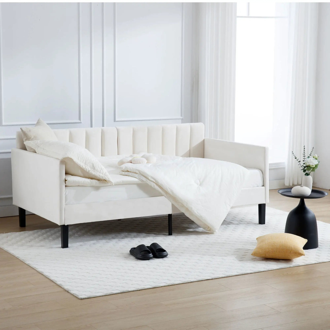 Elena - Boucle Upholstered Daybed, Ribbed Tufted Backrest by HouseOfZazla