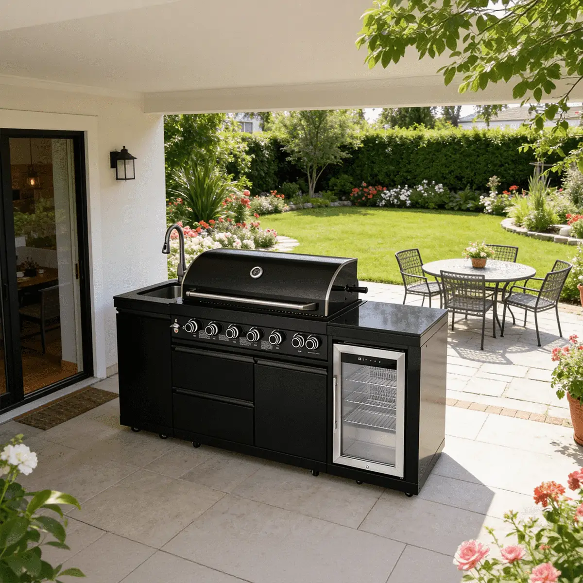 82.5" 6-Burner 83,500 BTU Black Outdoor Kitchen Island Grill Sink + Refrigerator by Chery Industrial