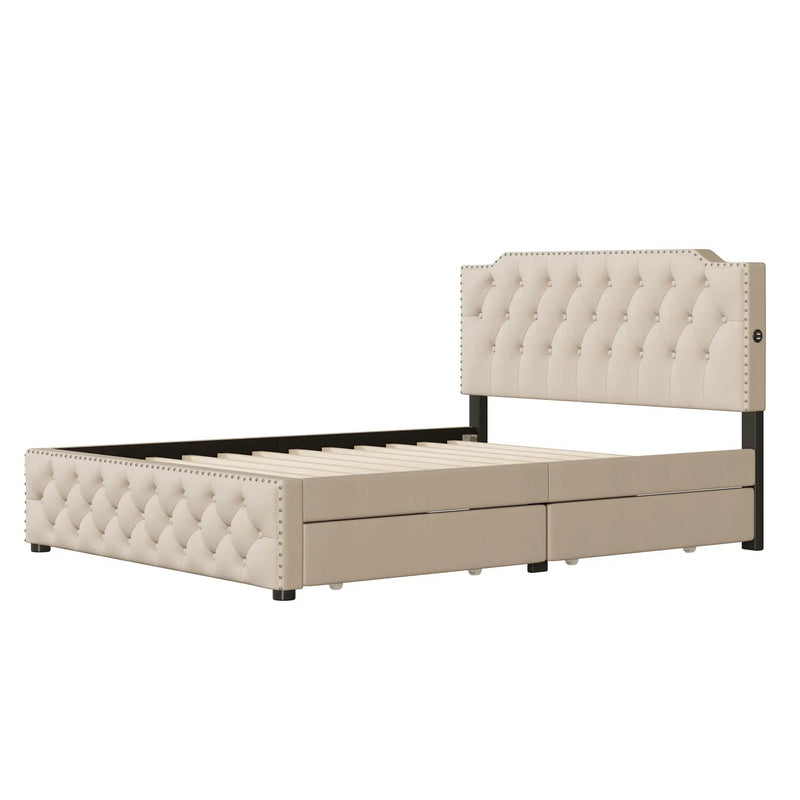 Upholstered Platform Bed With 2 Drawers And 2 Sets Of USB Ports On Each Side, Fabric by HouseOfZazla