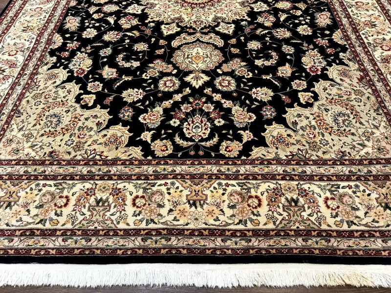 Sino Persian Rug 9x12, Black and Beige, Floral Medallion, Wool & Silk, Handmade by Jewel Rugs