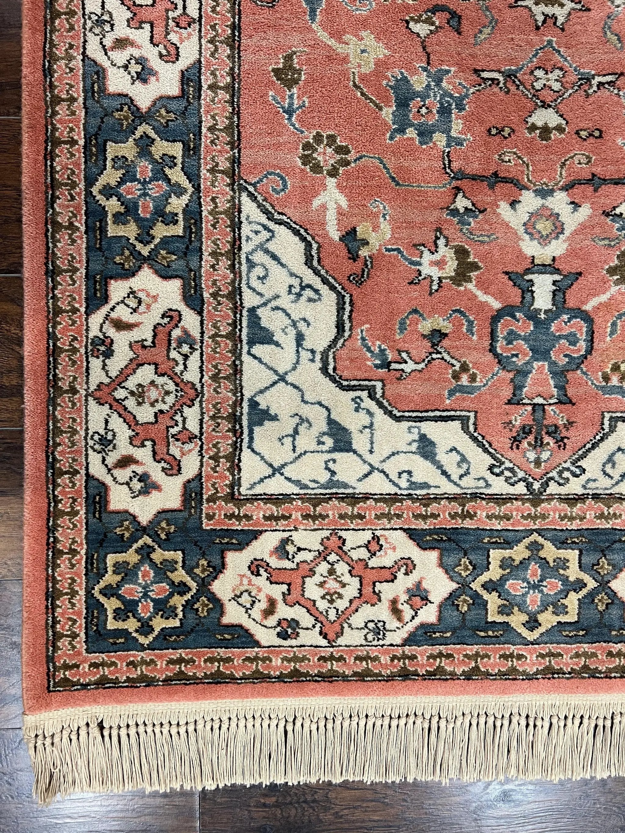 Karastan Rug 4x6 Bergama Design #737, Karastan Area Rug, Vintage Wool Karastan Carpet, Original Collection 700 Series, Salmon Red Light Blue by Jewel Rugs