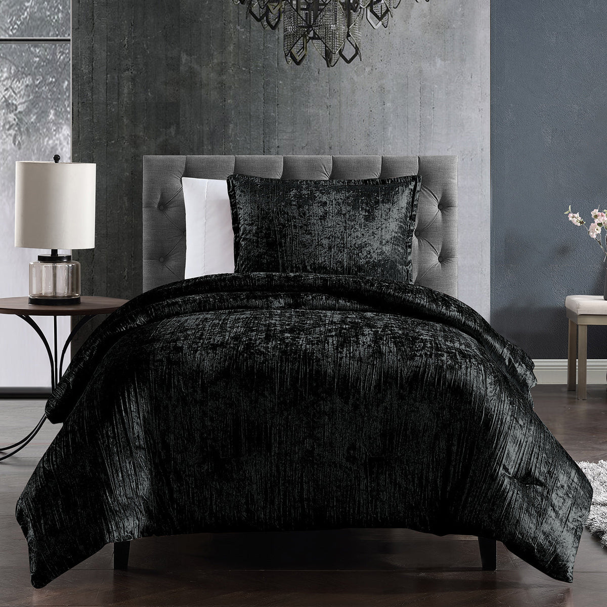 Turin 2 Piece Comforter Set with Crinkle Velvet - White or Black, photo 2 of 10