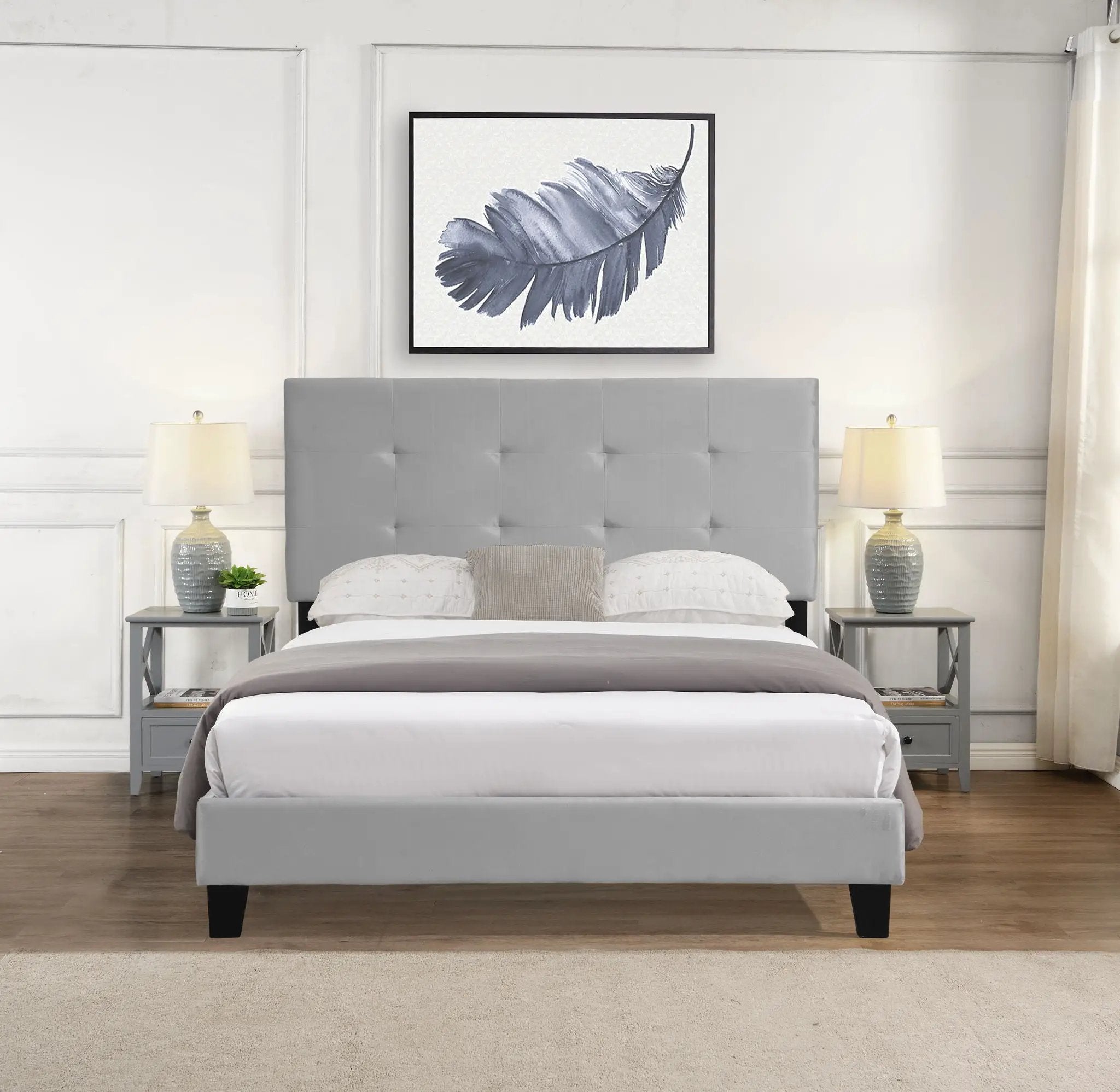 Full Size Upholstered Platform Bed Frame With Pull Point Tufted Headboard, Strong Wood Slat Support, Mattress Foundation, No Box Spring Needed - Gray by Unique Piece Furniture
