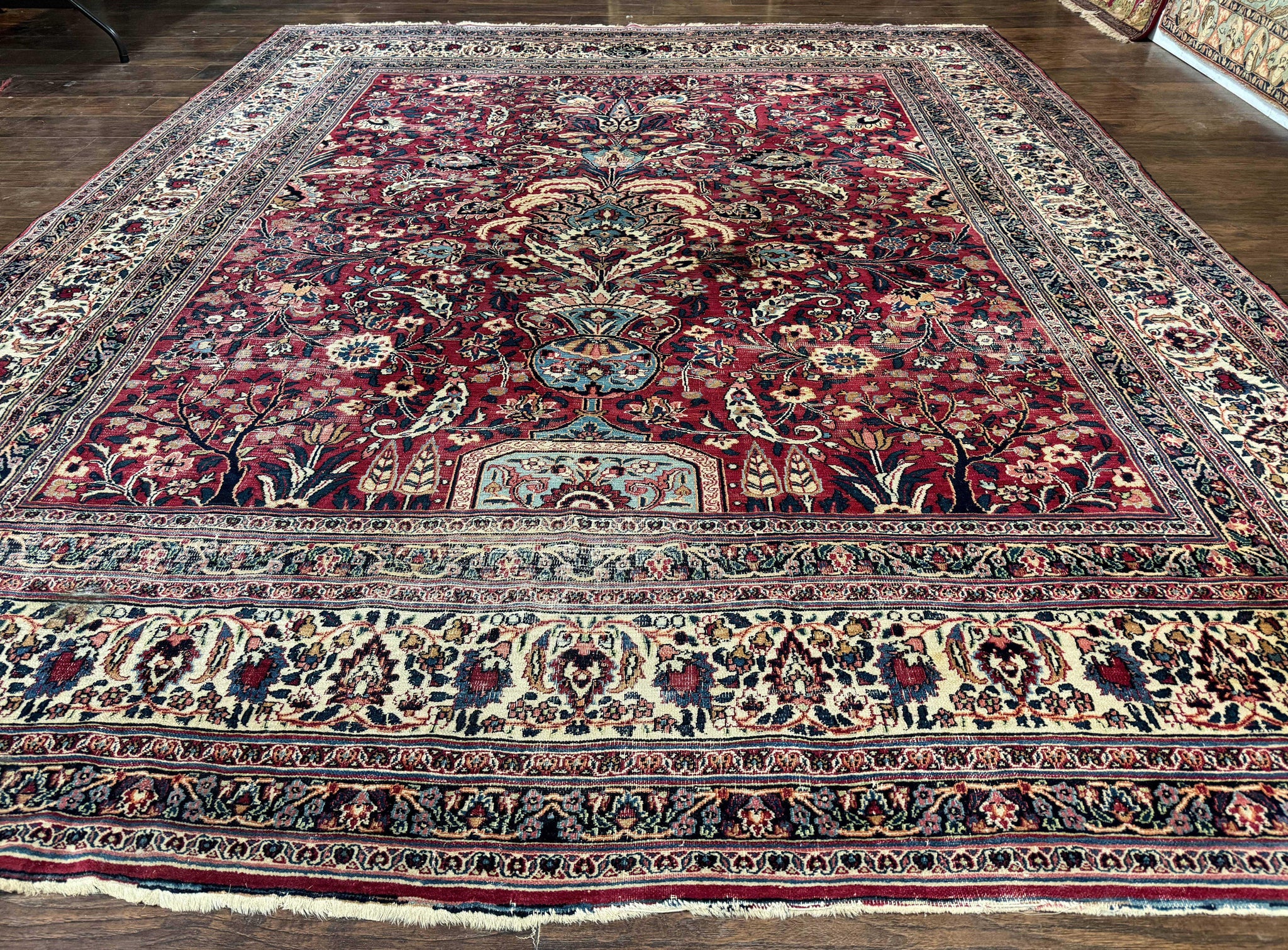 Antique Persian Mashad Rug 10x12, Red and Ivory, Signed by Master Weaver by Jewel Rugs