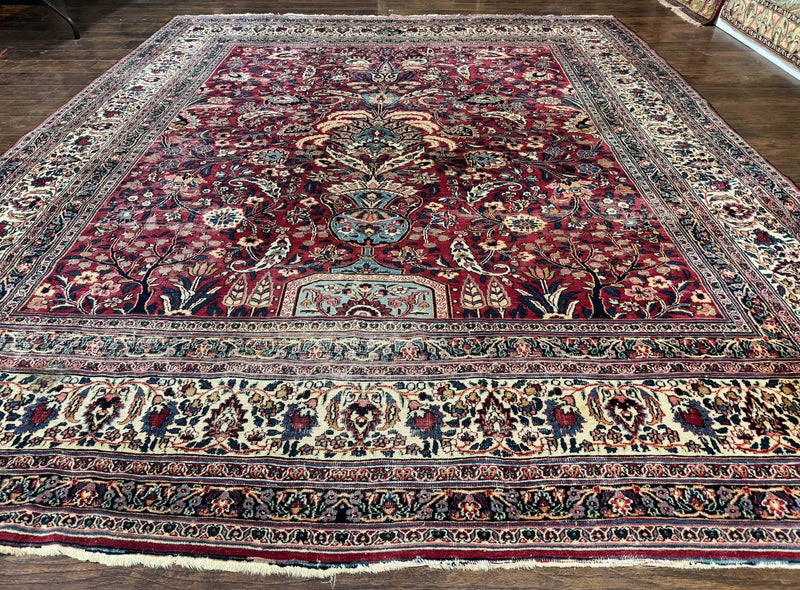 Antique Persian Mashad Rug 10x12, Red and Ivory, Signed by Master Weaver by Jewel Rugs