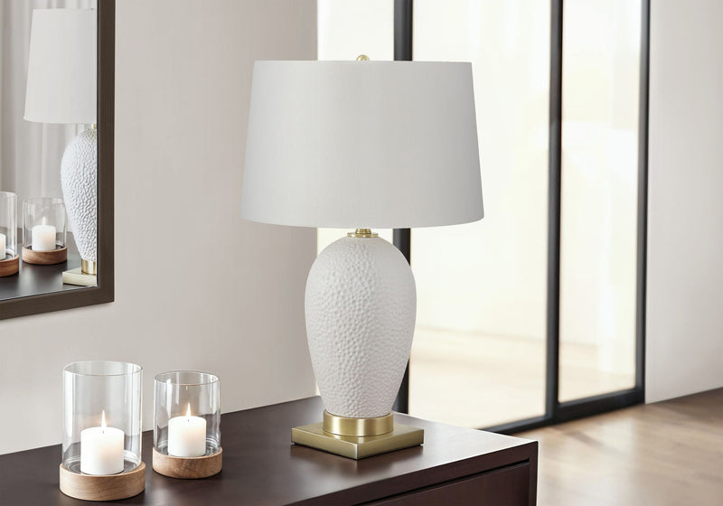 White Ceramic Table Lamp with Linen Shade - Transitional Style - White