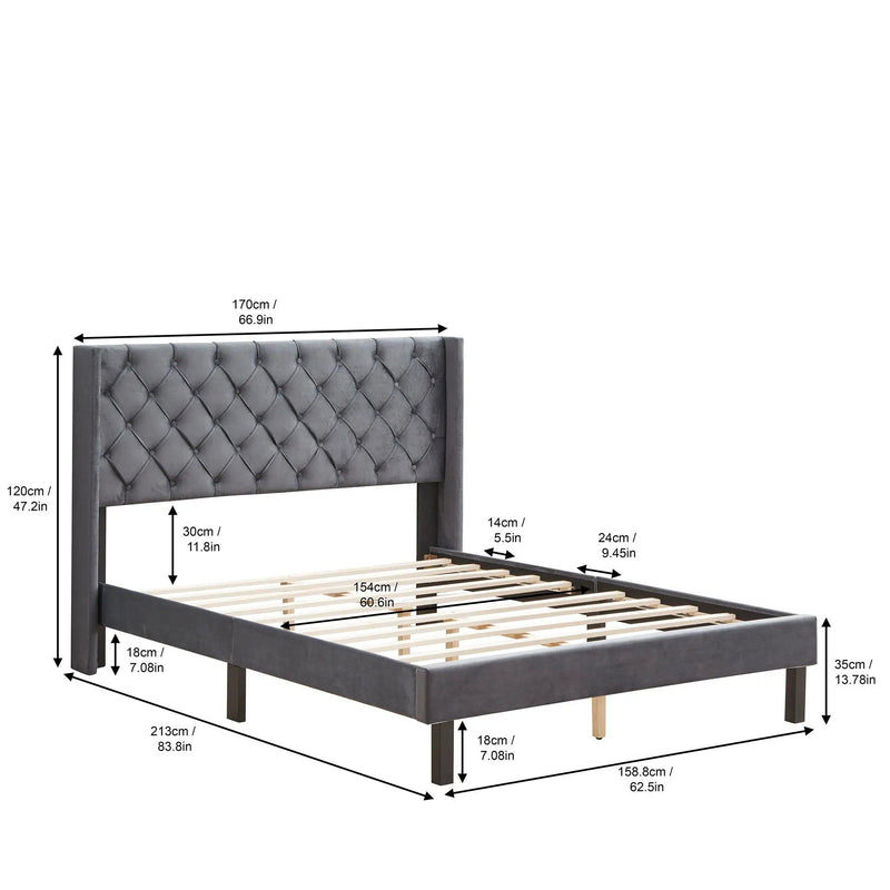 Velvet Button Tufted-Upholstered Bed With Wings Design Strong Wood Slat Support Queen Platform Bed - Gray by Unique Piece Furniture
