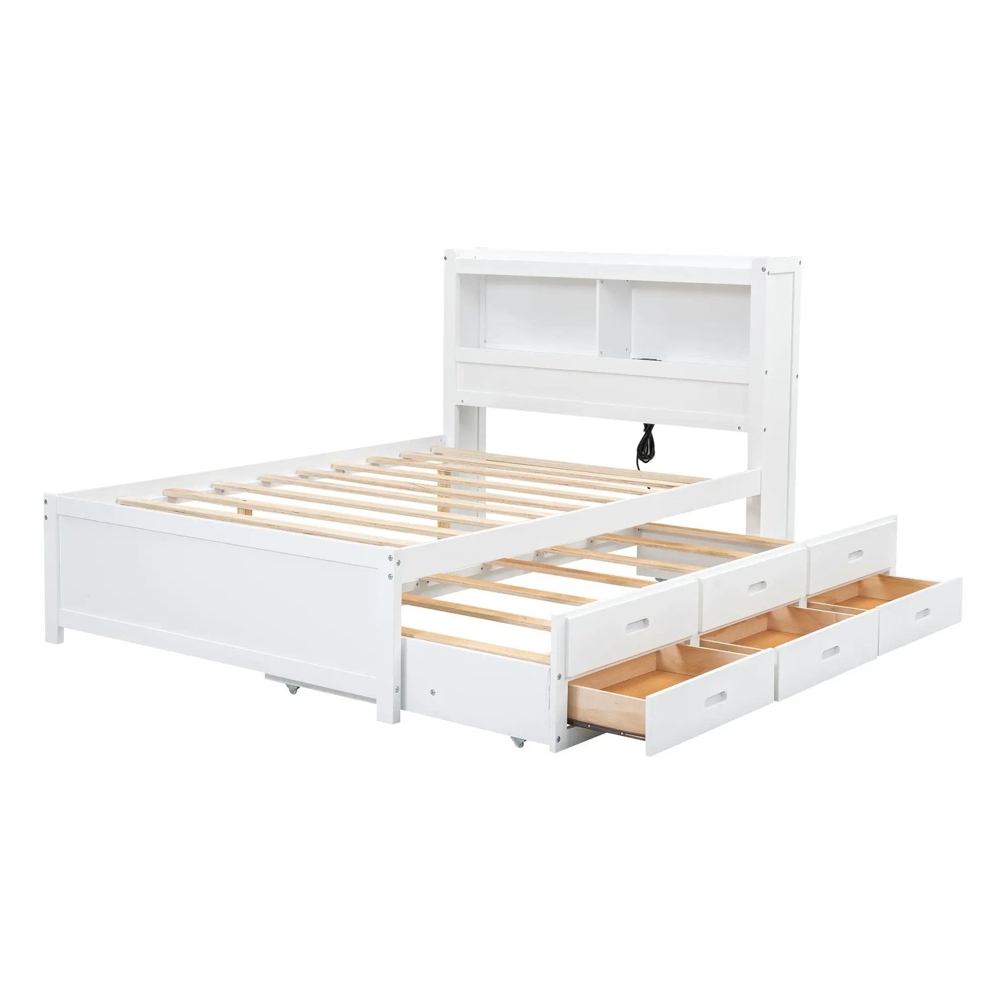 Full Size Platform Bed With Trundle, Drawers, USB Ports And Built In Shelves - White by HouseOfZazla