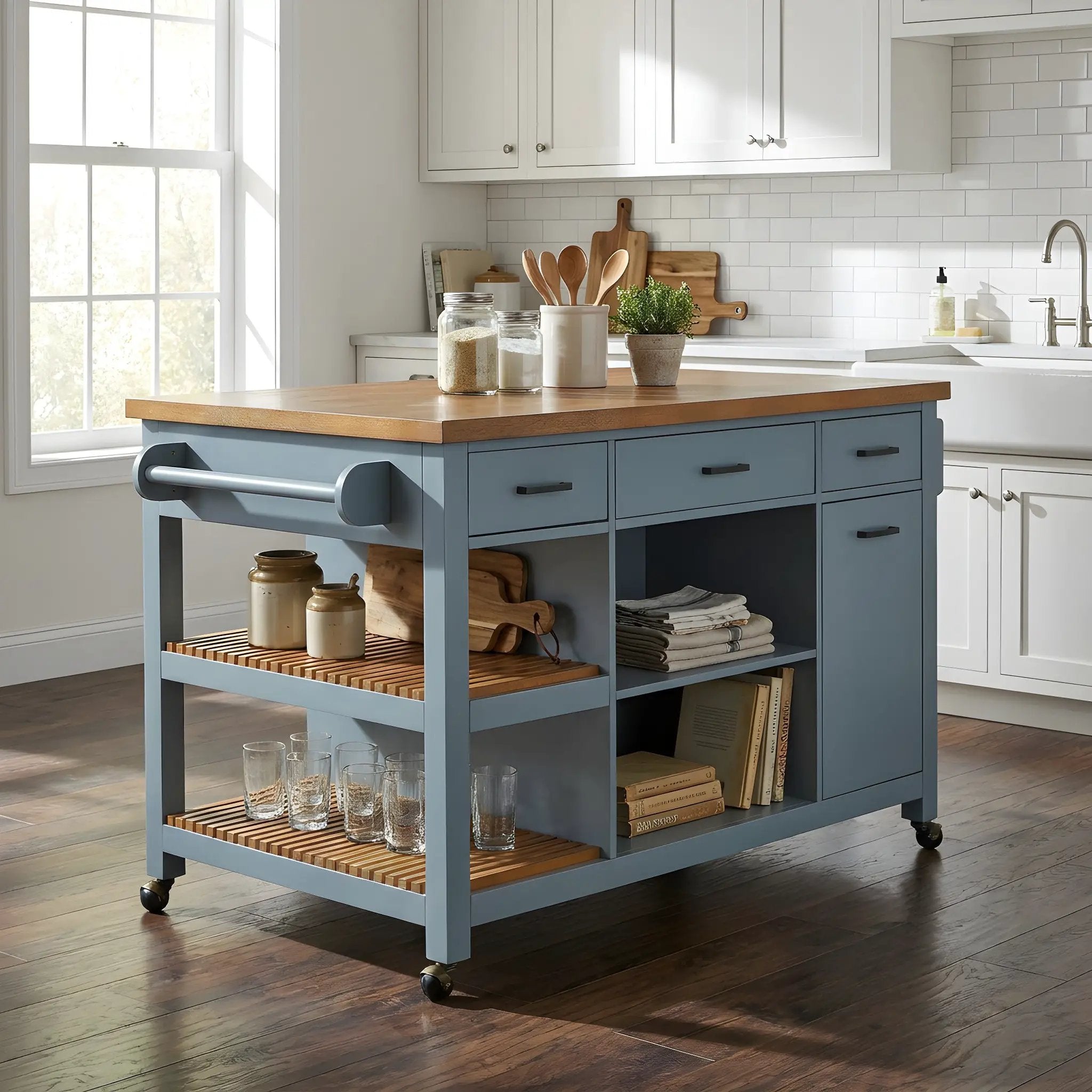 52" Kitchen Island Cart with Rubber Wood Top by HouseOfZazla