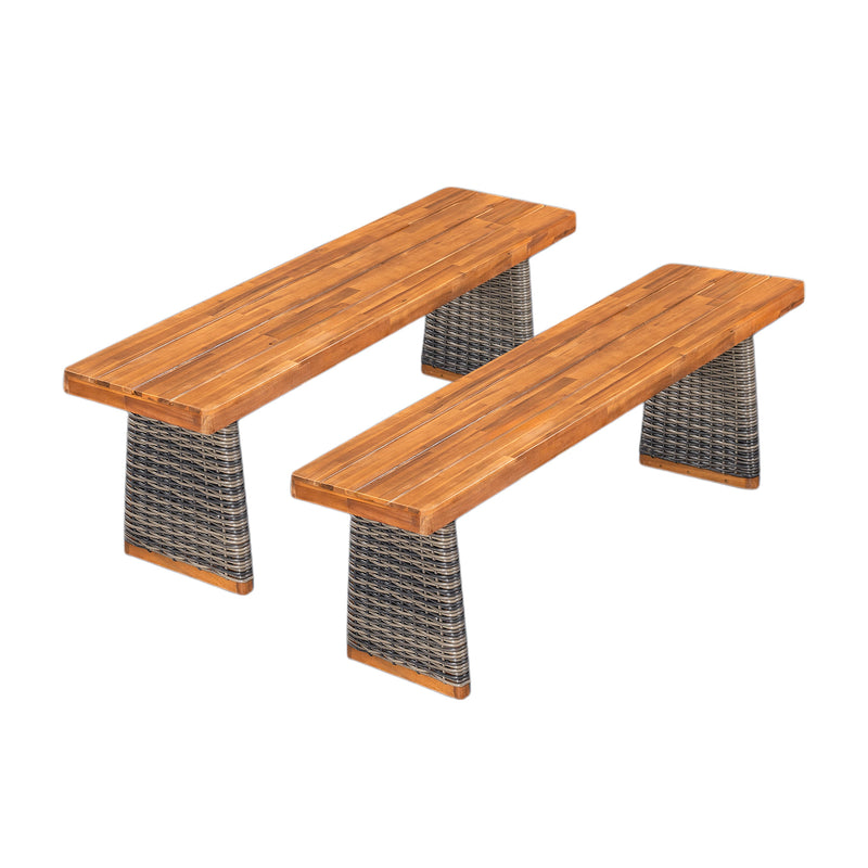 Outdoor Acacia Wood Bench (Set of 2) - Teak Finish, photo 3 of 10