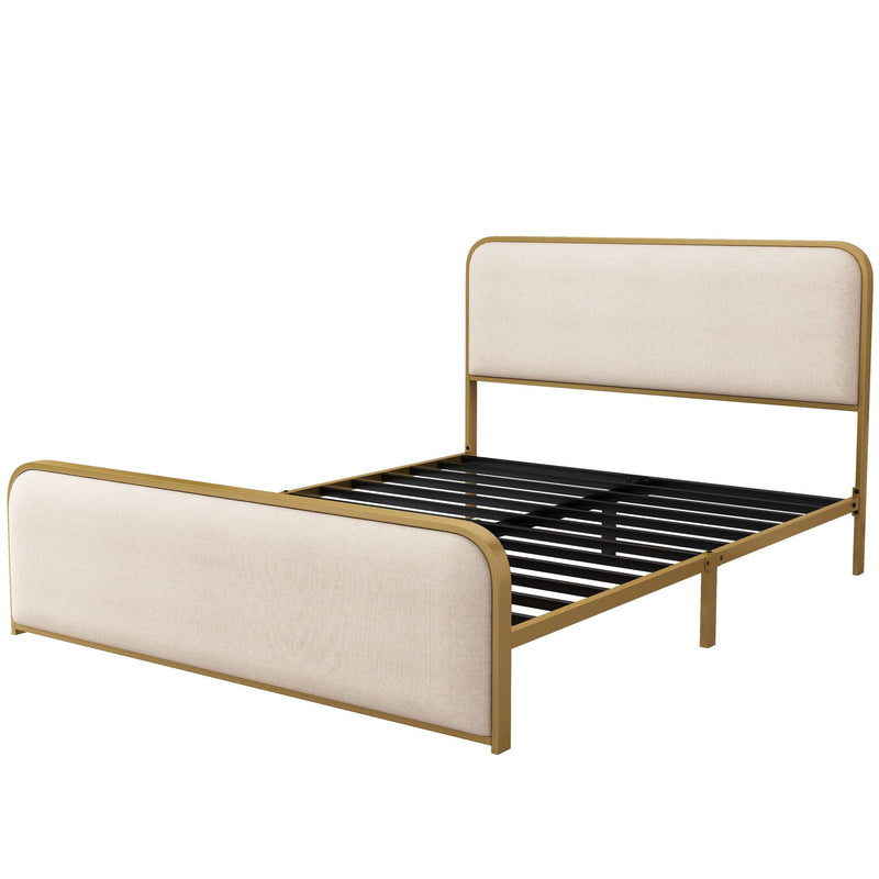 Queen Size Bed Frame With Curved Upholstered Headboard And Footboard - Beige / Gold by HouseOfZazla