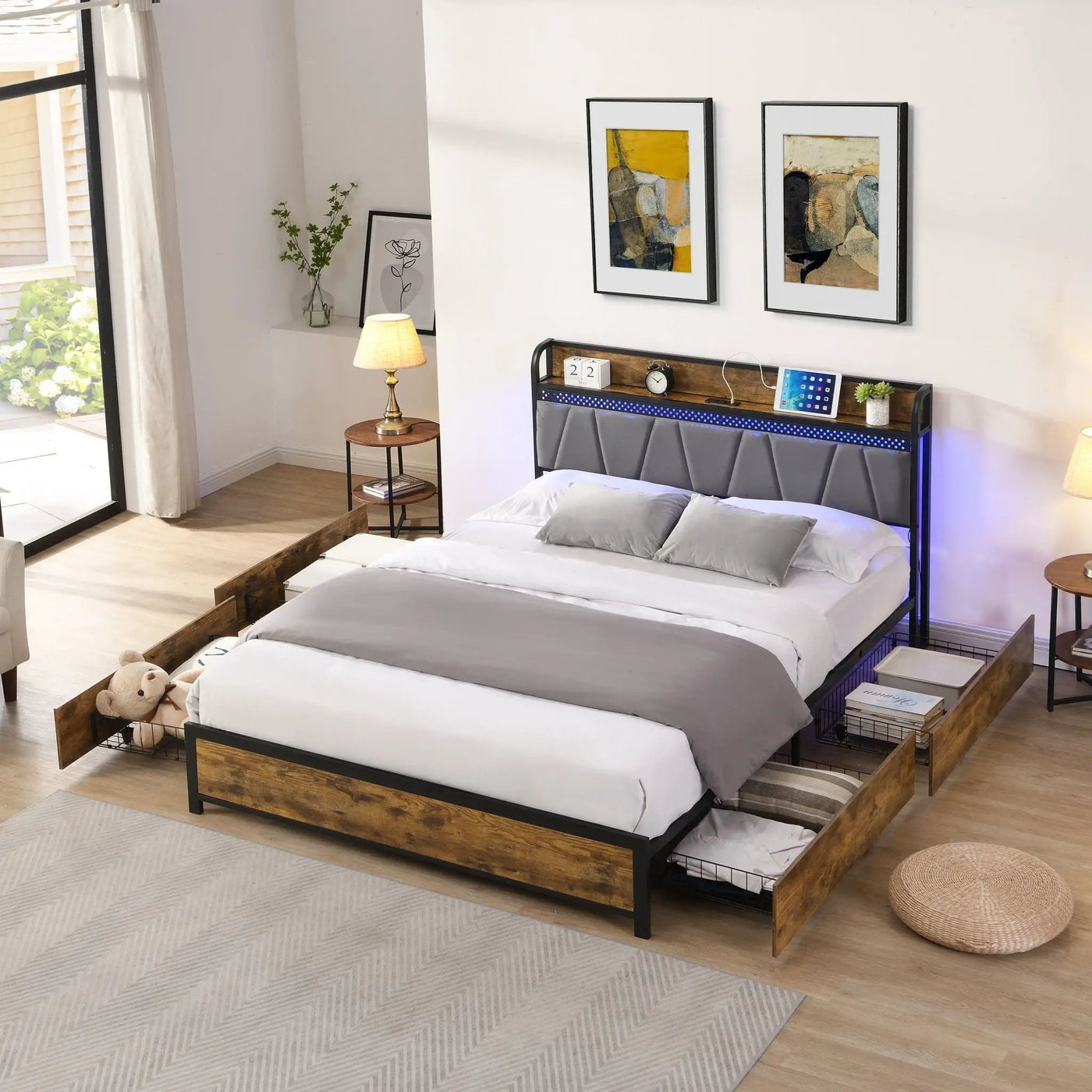 Contemporary Bed Frame With Storage Headboard, Charging Station, LED Lights by HouseOfZazla