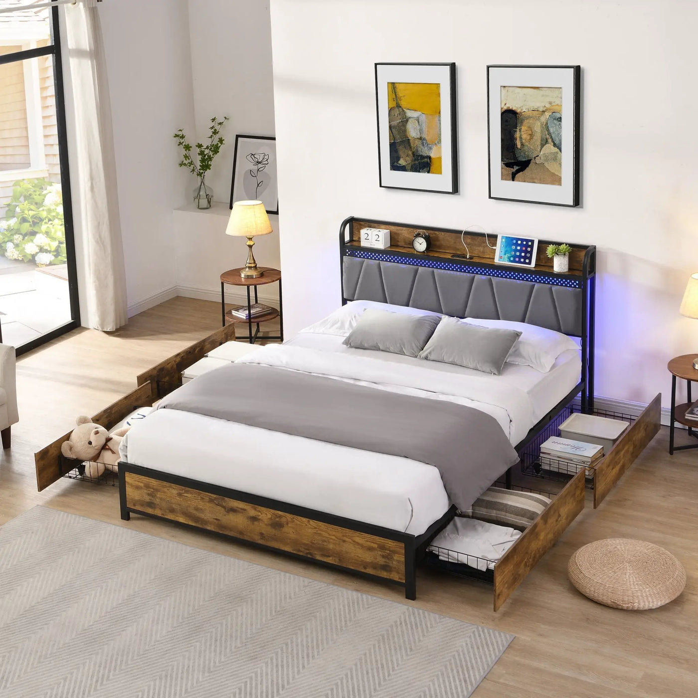 Contemporary Bed Frame With Storage Headboard, Charging Station, LED Lights by Unique Piece Furniture