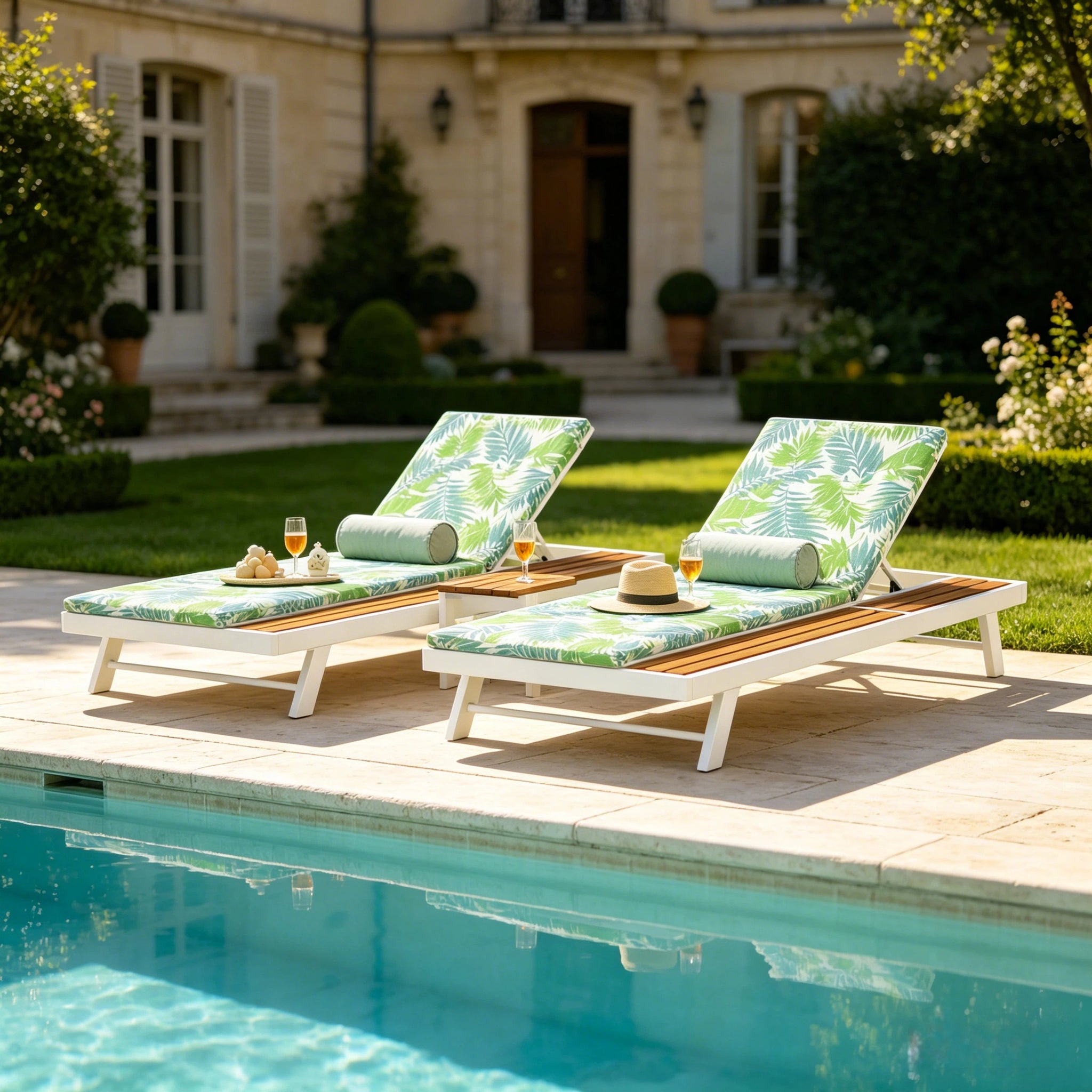 White Iron and Teak Finish Outdoor Chaise Lounge Set by HouseOfZazla