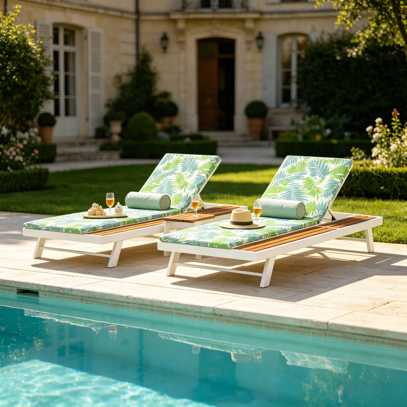 White Iron and Teak Finish Outdoor Chaise Lounge Set by HouseOfZazla