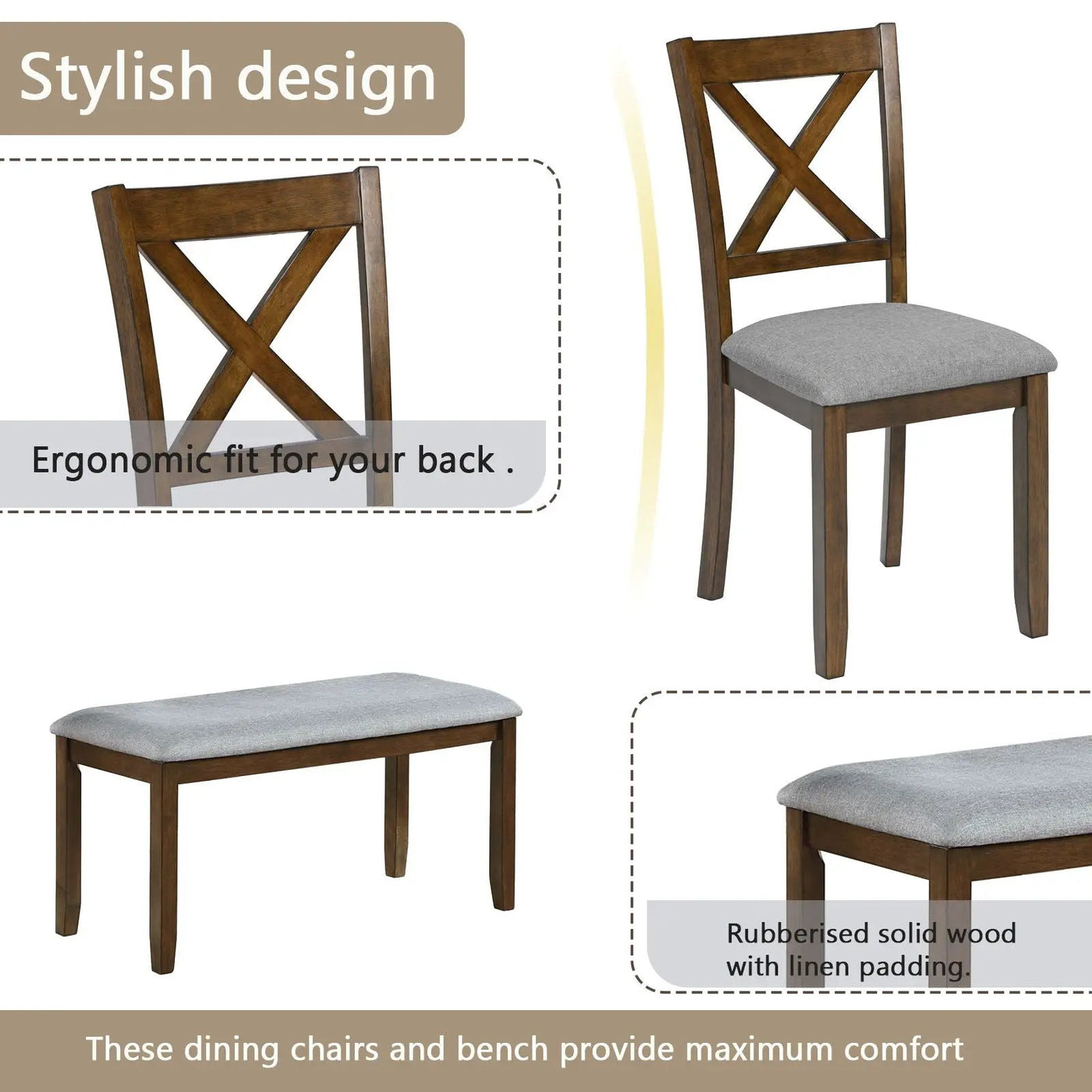 6 Pieces Kitchen Dining Set, Rectangular Wooden Dining Table With 4 Chairs And A Bench by HouseOfZazla