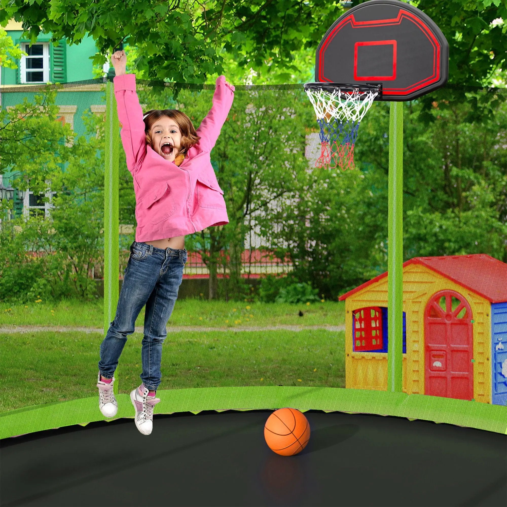 14Ft Trampoline With Basketball Hoop Inflator And Ladder (Inner Safety Enclosure) - Green by HouseOfZazla