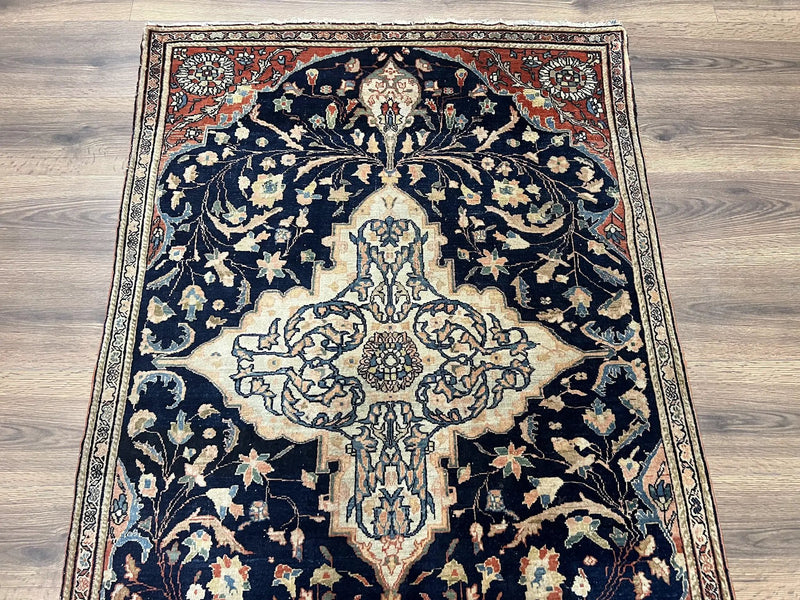 Antique Persian Rug 3.5 x 5, Sarouk Farahan Rug, High Quality 1920s Fine Oriental Carpet 3 x 5 ft, Large Medallion, Floral, Navy Blue Red, Hand Knotted Wool Rug by Jewel Rugs