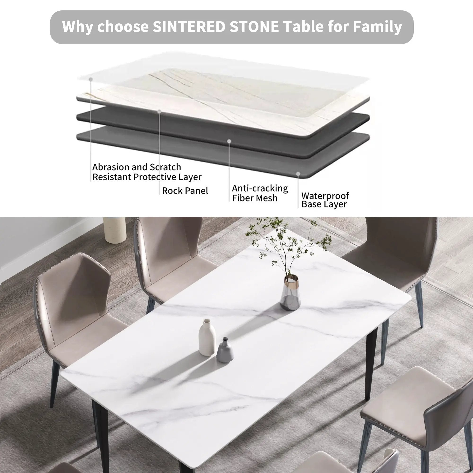 63" Modern Artificial Stone White Straight Edge Black Metal Leg Dining Table, 6 People - White / Black by HouseOfZazla
