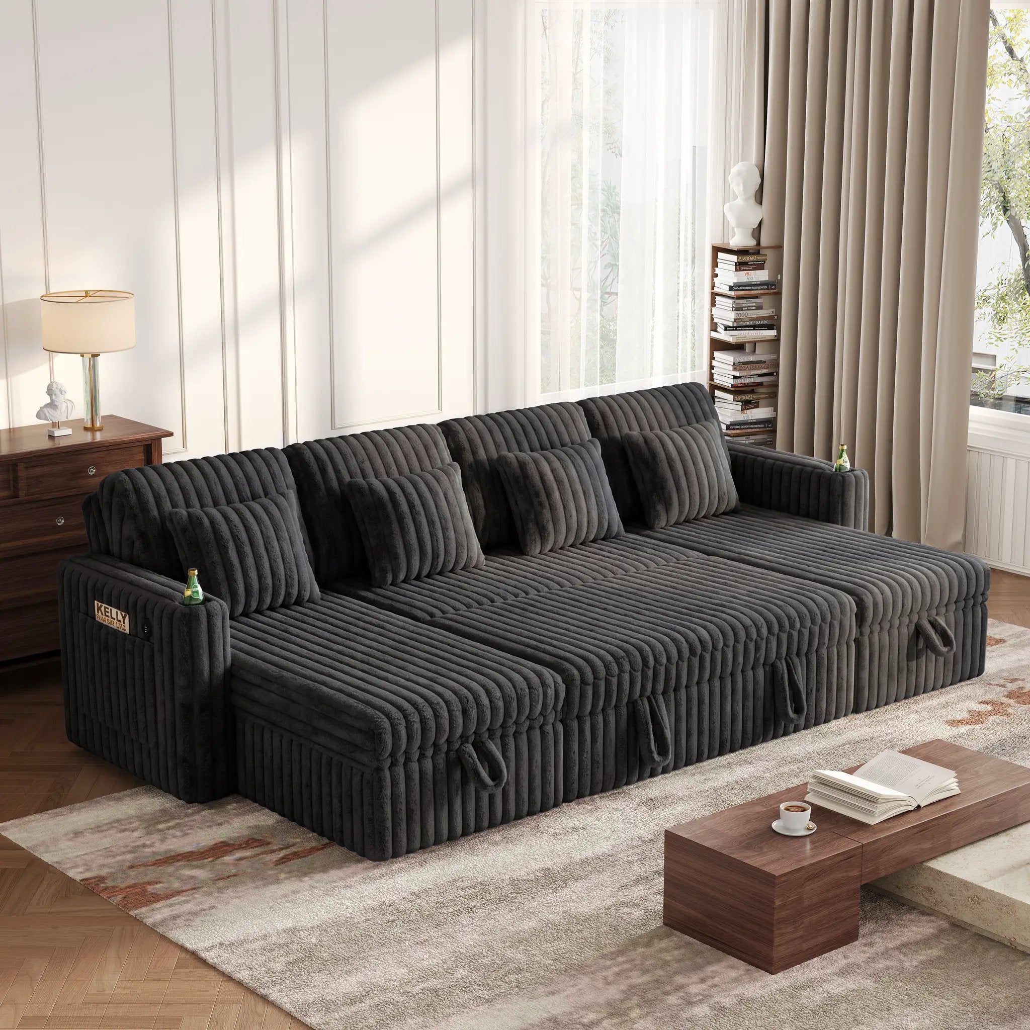 U Shaped Plush Corduroy Fluffy Sectional Sleeper Sofa by HouseOfZazla