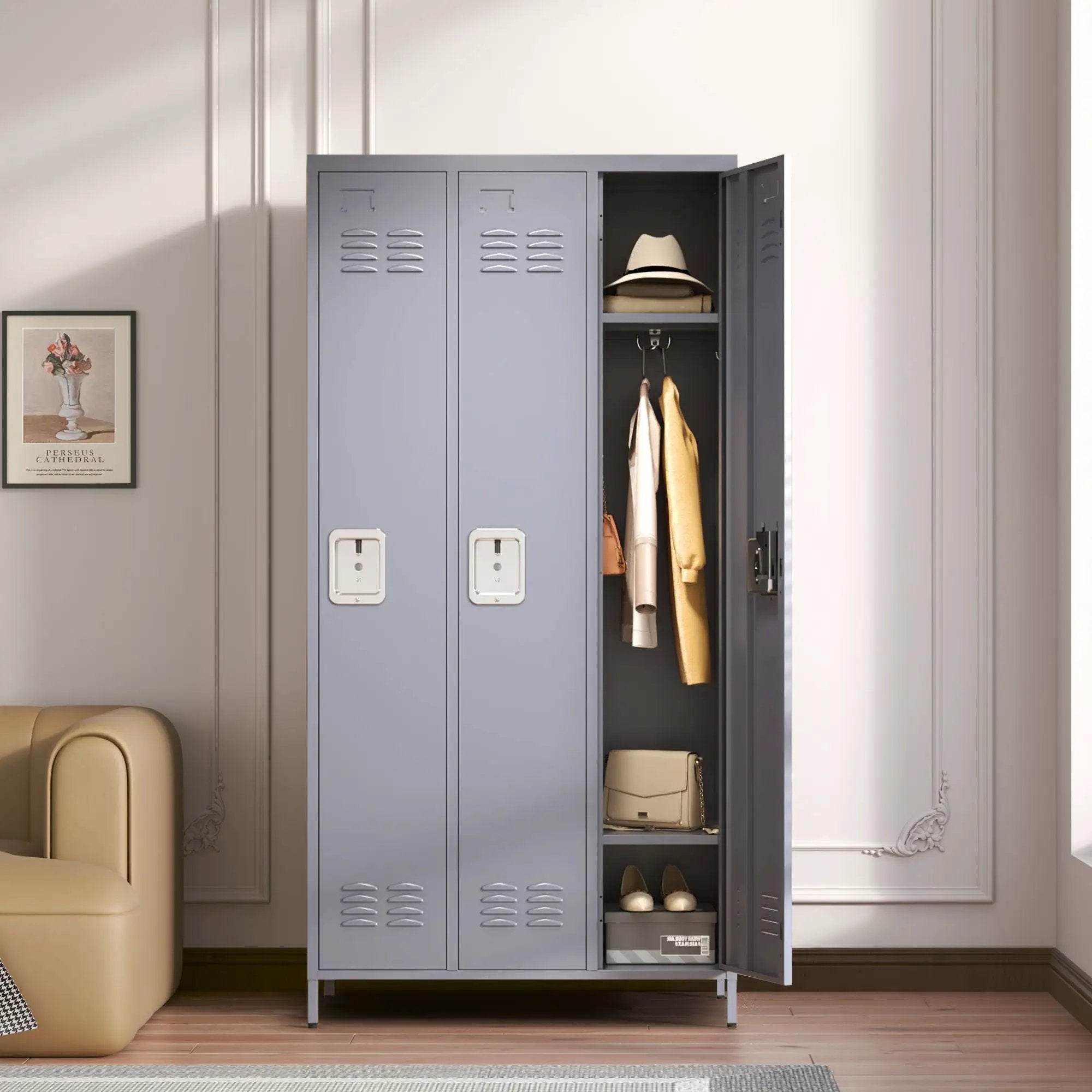 3 Door Lockers With Lock For Home, Gym, Office, School, And Garage - Gray by HouseOfZazla