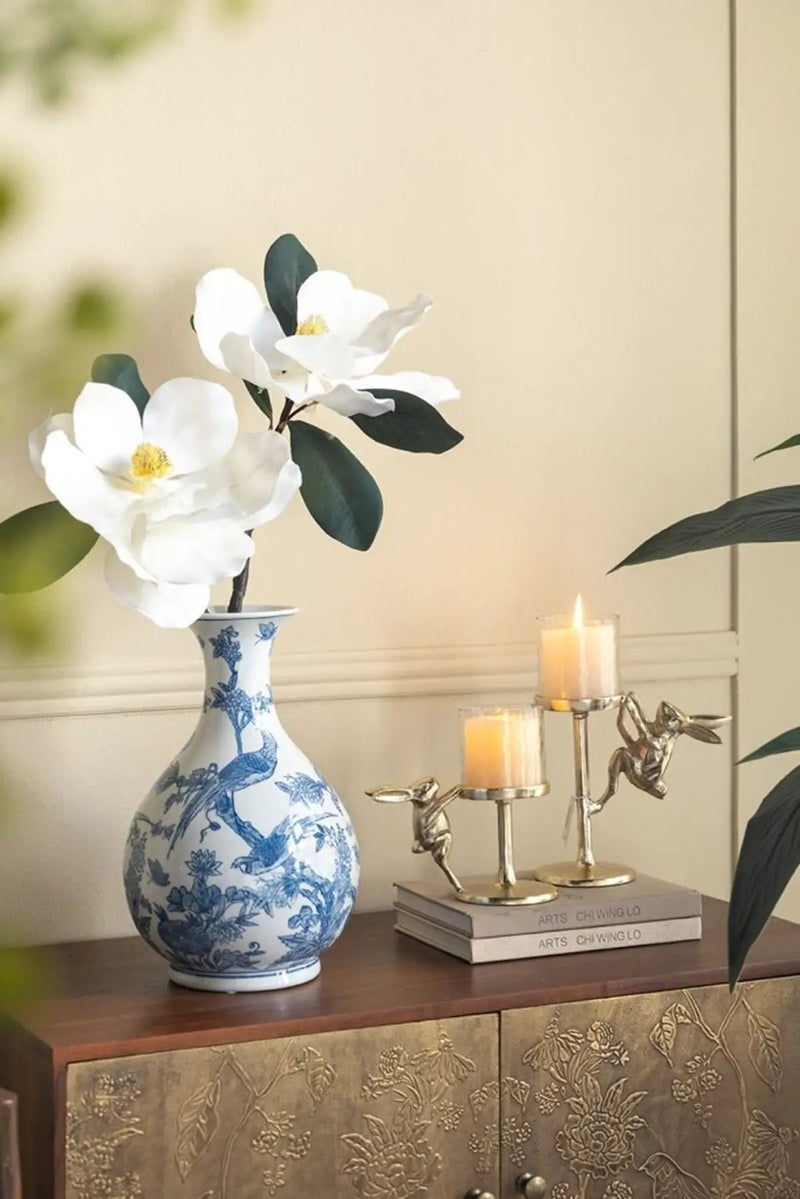 Set of 2 Gold Rabbit Pillar Candle Holders with Clear Glass Hurricane Shade by HouseOfZazla
