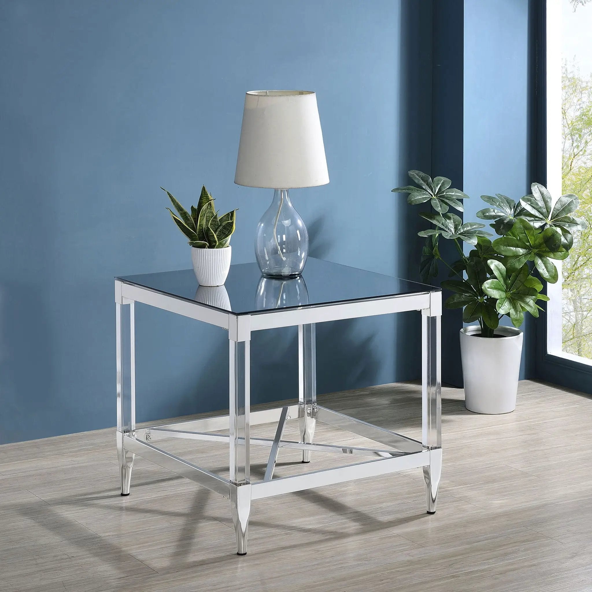 Lindley Square Tempered Mirror Acrylic Side End Table Chrome by Unique Piece Furniture