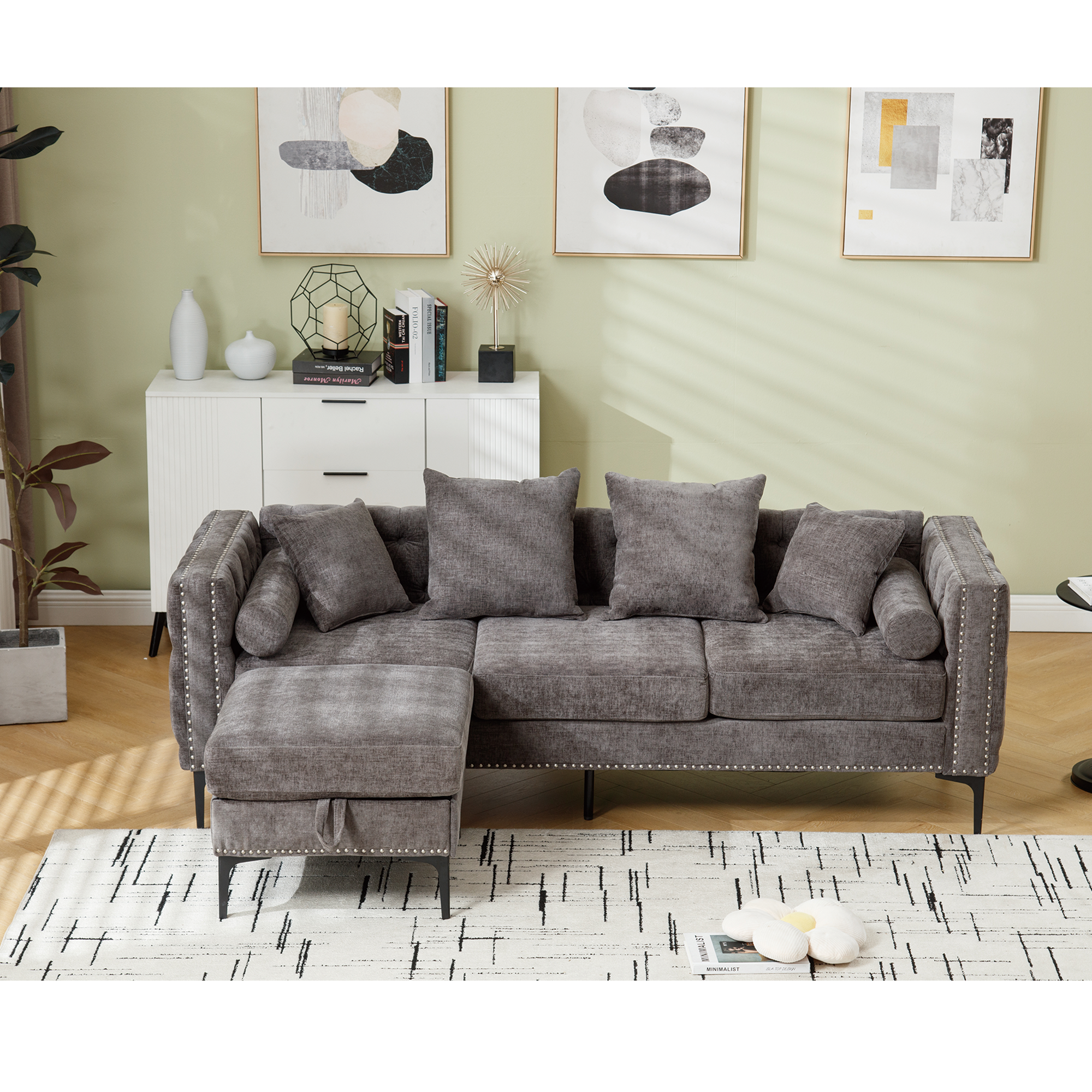 L Shaped Sectional Convertible Sofa with Storage Ottoman and Modern Tufted style by BLAKHOM