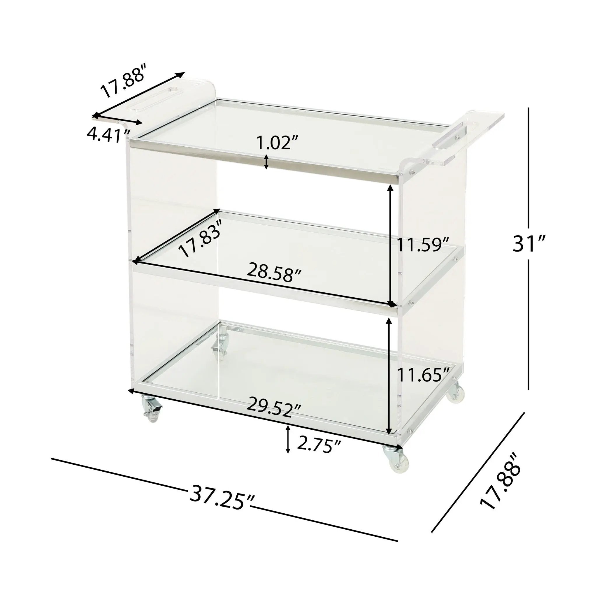 Elegant Acrylic Bar Cart With Tempered Glass Shelves And Rattan Metal Frame - Clear by HouseOfZazla