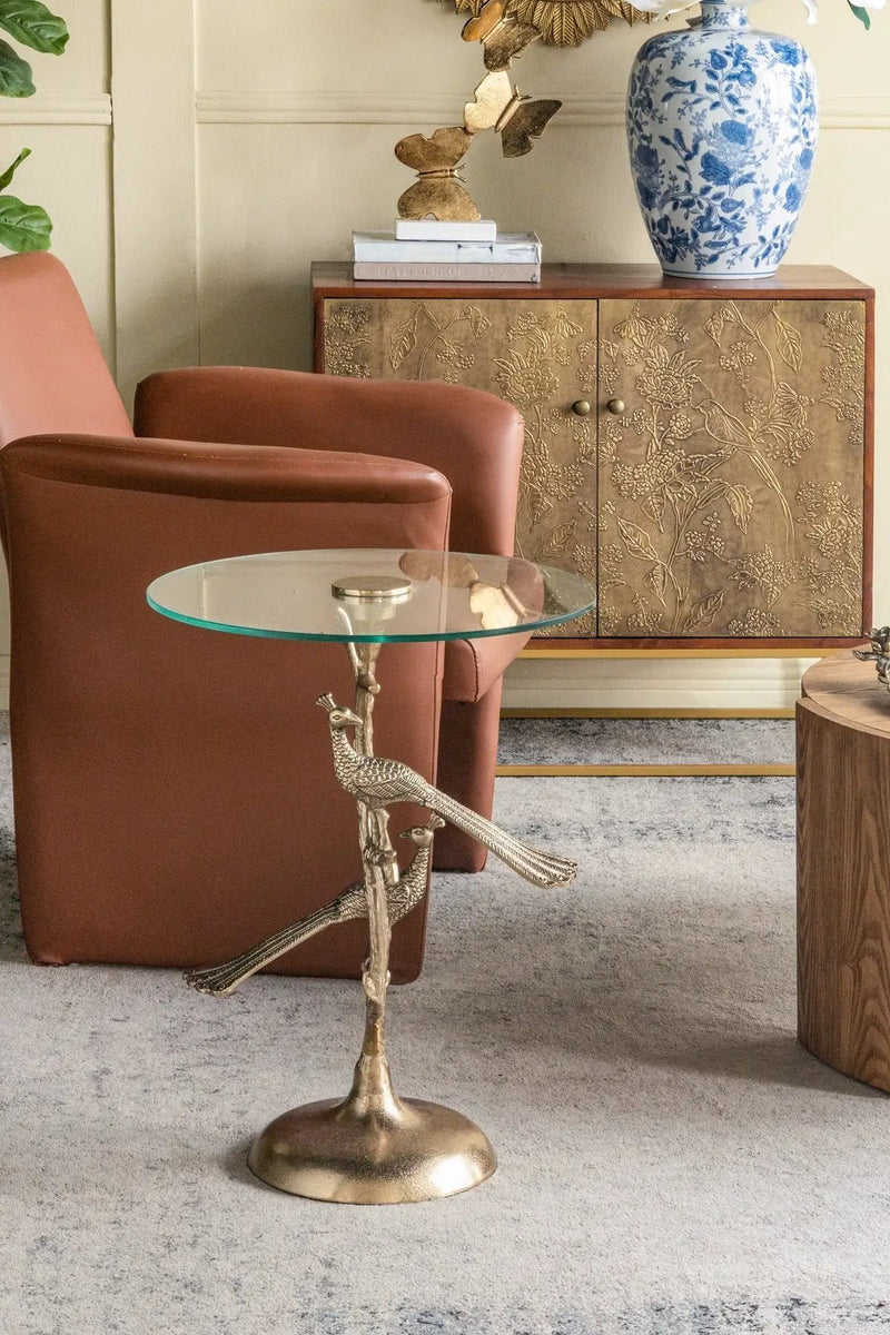Gold Peacock Side Table with Round Glass Top by HouseOfZazla