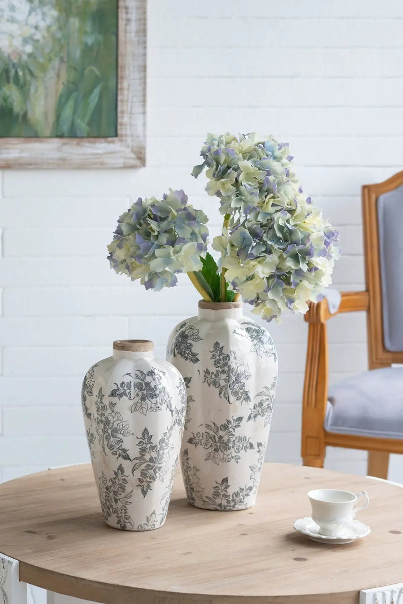 6.7x6.7x11.6' White Ceramic Accent Vase with Gray Floral Design by HouseOfZazla