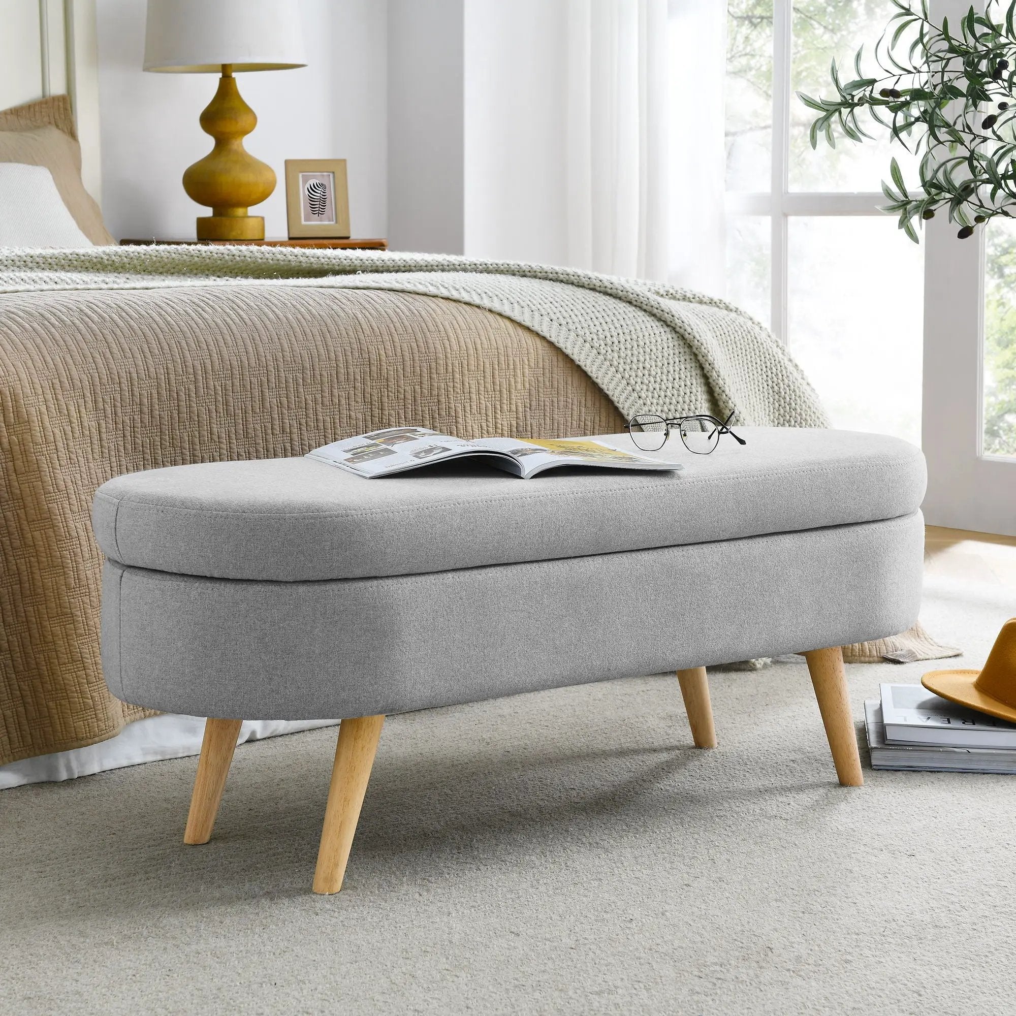 Ottoman Oval Storage Bench With Rubber Wood Legs Linen - Gray by HouseOfZazla