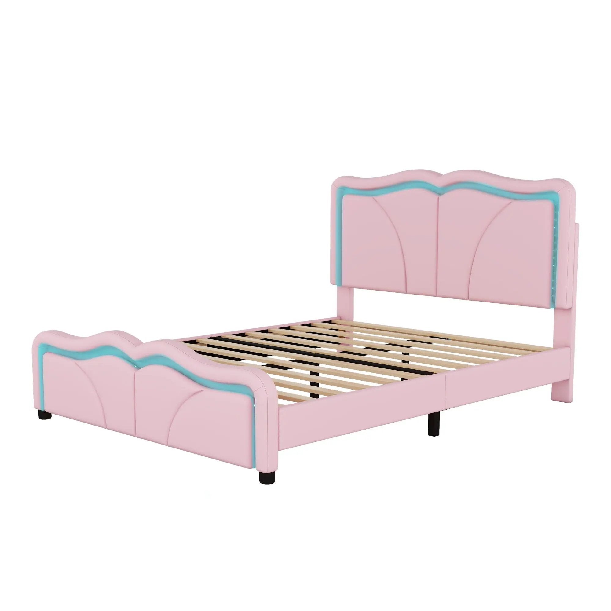 Upholstered Platform Bed & Curve Shaped And Height Adjustable Headboard, LED Light Strips by HouseOfZazla