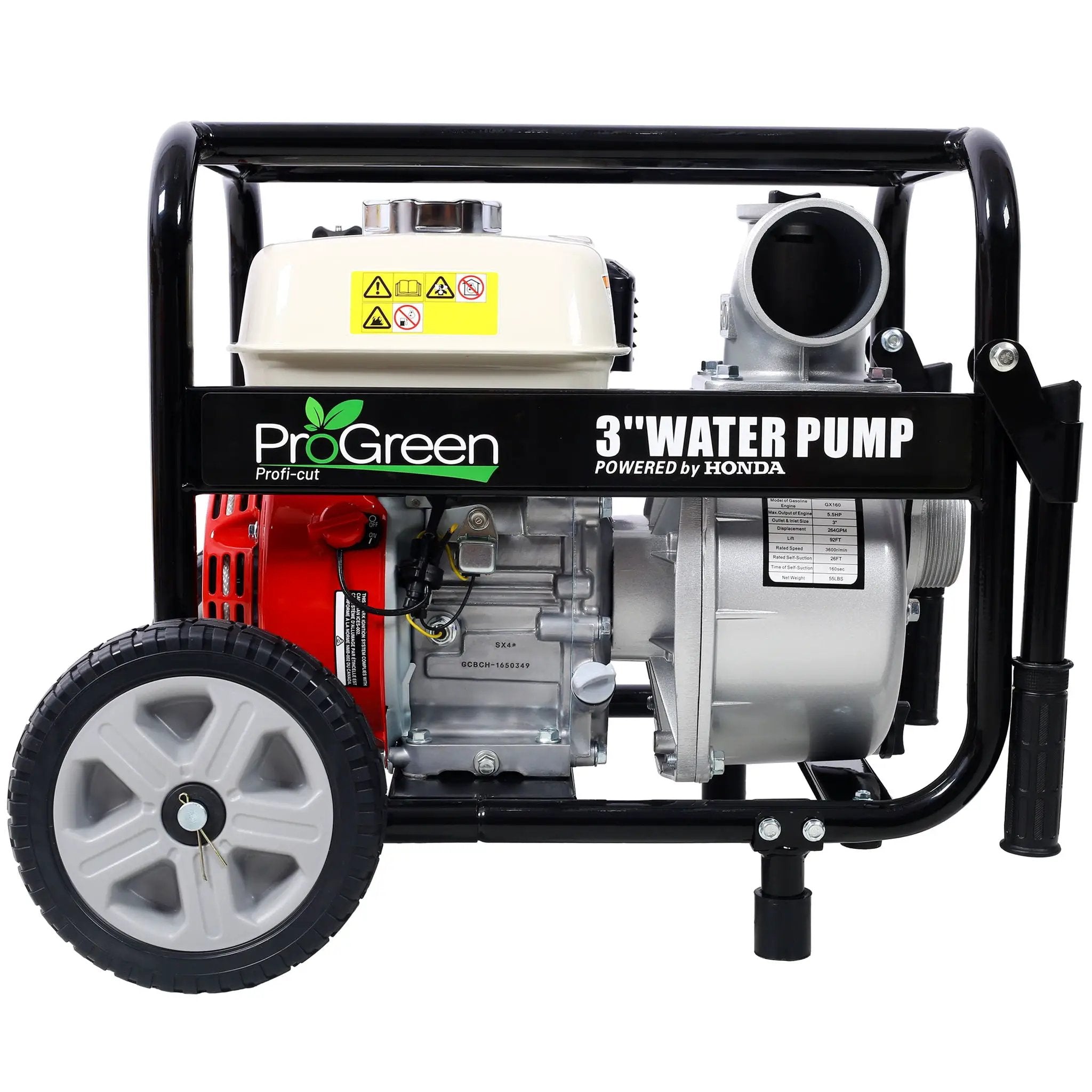 Honda - Gx160 Engine Water Pump 3" 264Gpm With Accessories Kit And Handle Wheel Kit - Black / Red by HouseOfZazla
