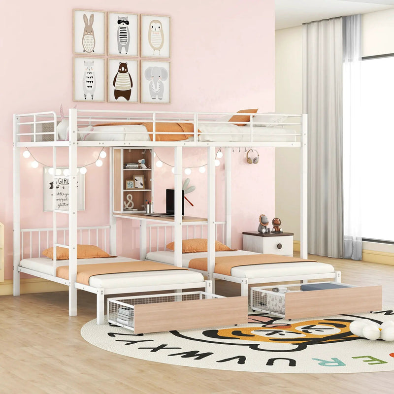 Triple Bunk Bed With Drawers, Multi-Functional Frame With Desks And Shelves In The Middle by HouseOfZazla