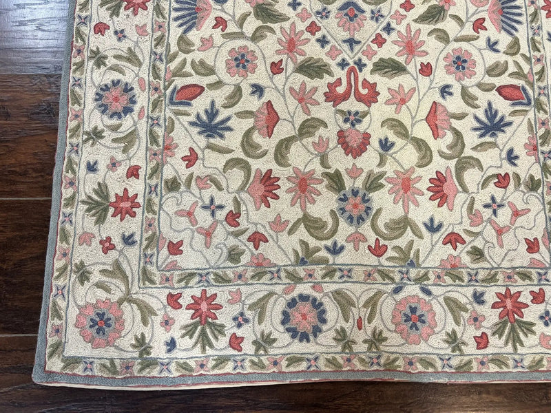 Hand Stitched Indian Rug 4x5, Floral, Vintage Hand Embroidered Rug by Jewel Rugs