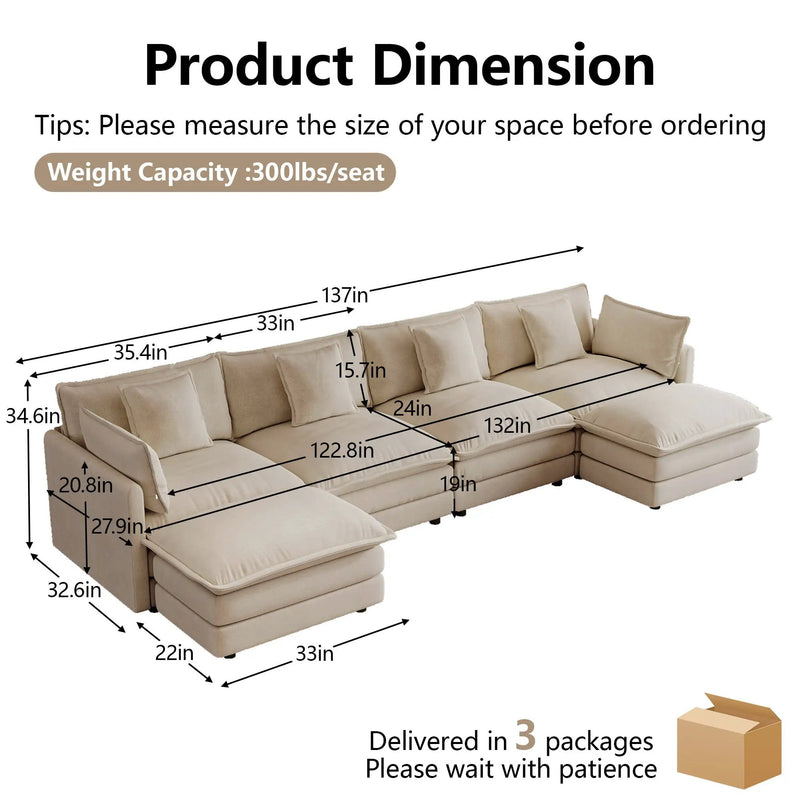 Oversized U Shape Sofa with 2 Ottomans in Light Coffee by HouseOfZazla