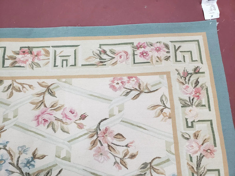 Vintage Aubusson Area Rug, Aubusson Flat weave Carpet, Floral Geometric Pattern, Beige Teal Green, 4x6 Rug, European Design by Jewel Rugs