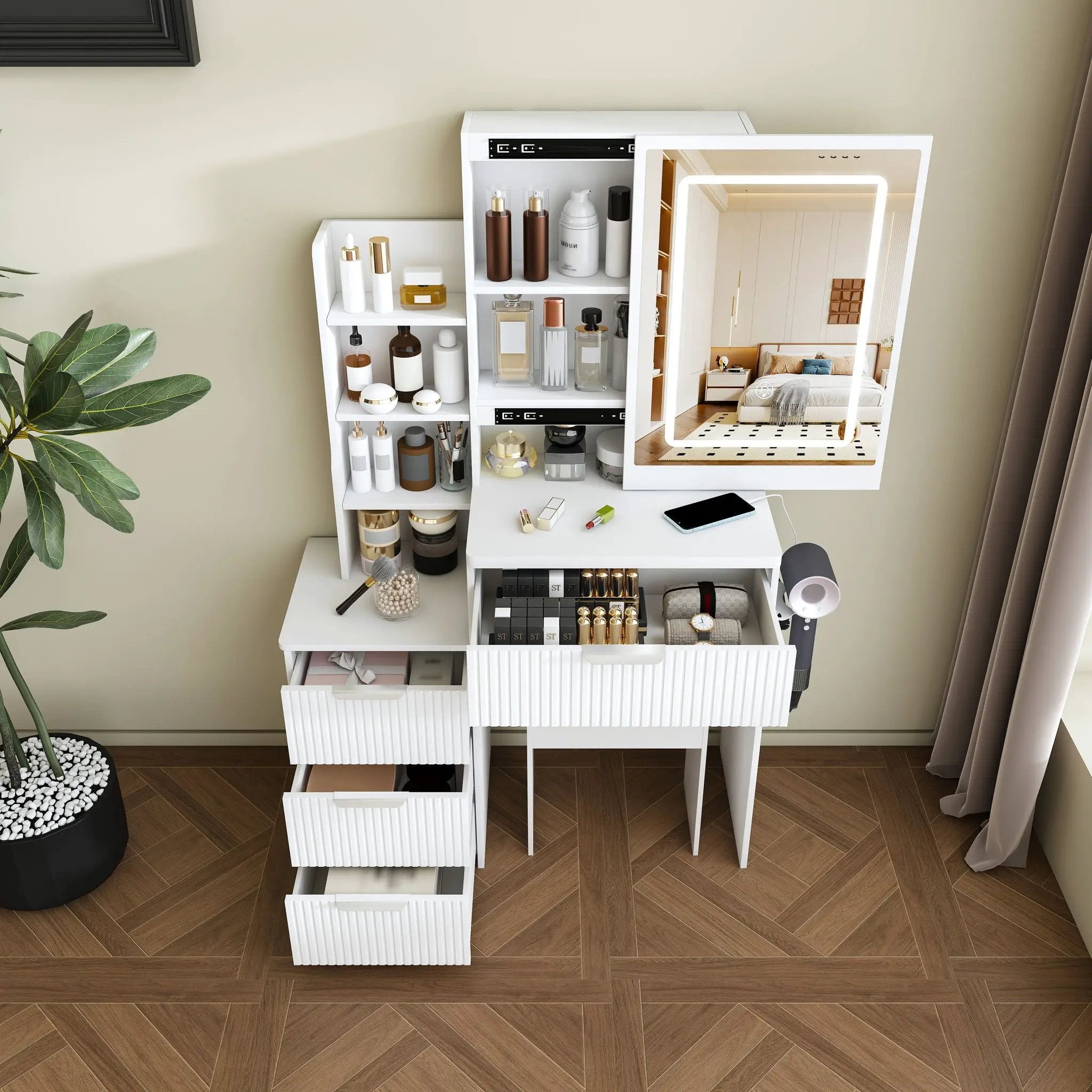 Modern Vanity Desk With 3 LED Lighting Modes, 4 Drawers by HouseOfZazla