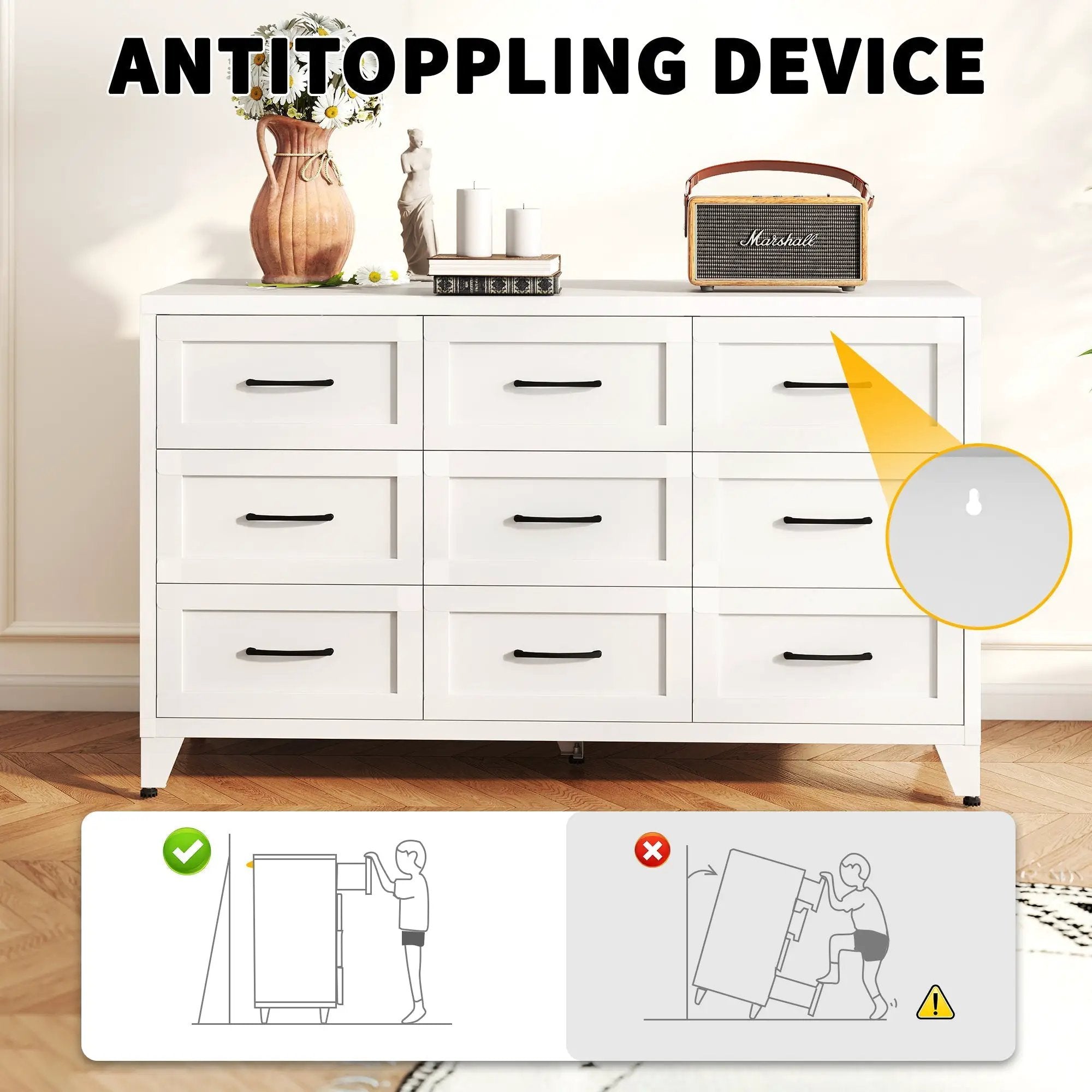 9 Drawer White Metal Dresser with Quiet-Glide Rails by HouseOfZazla