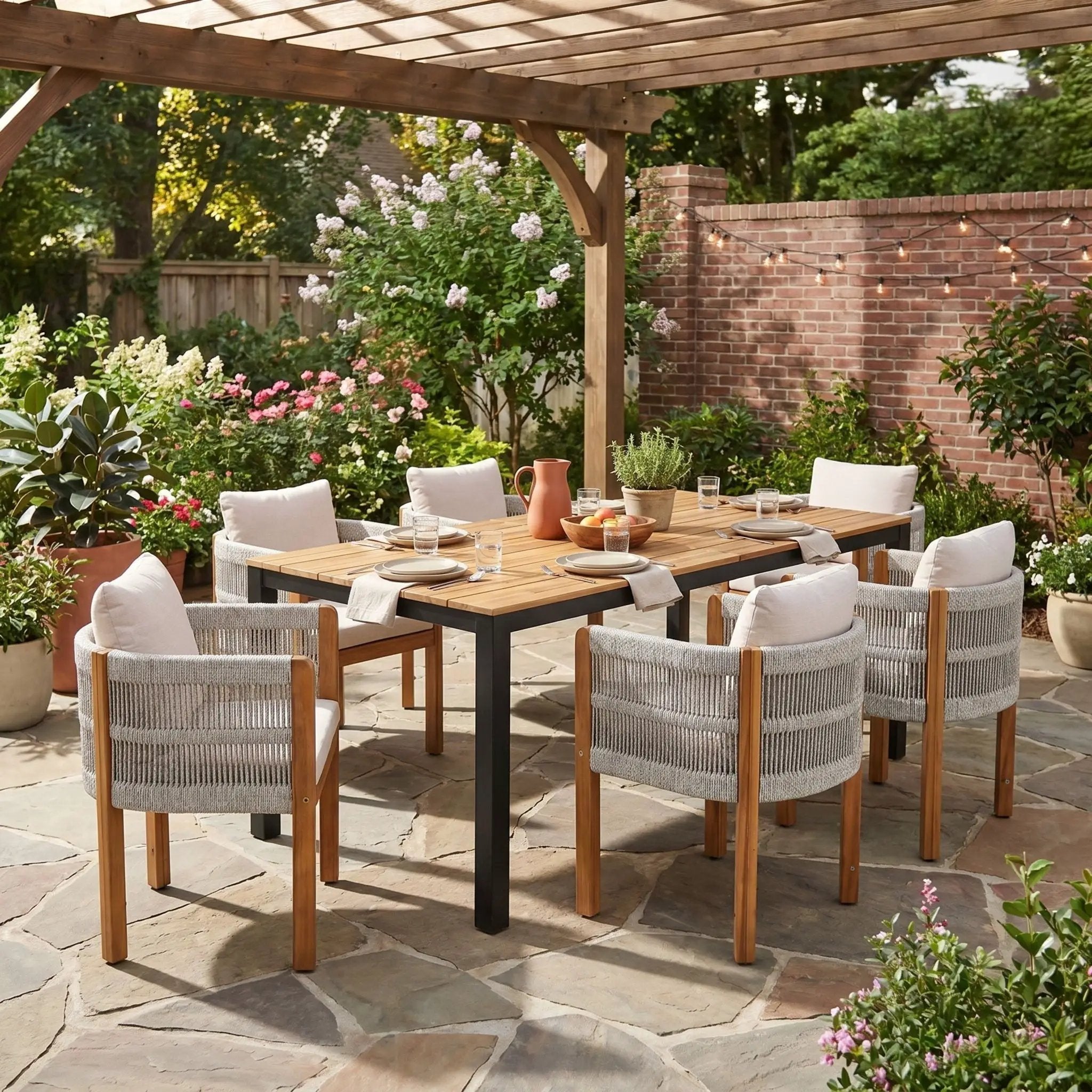 7 Piece Outdoor Dining Set With Table And 6 Chairs - Beige / Teak / White by HouseOfZazla